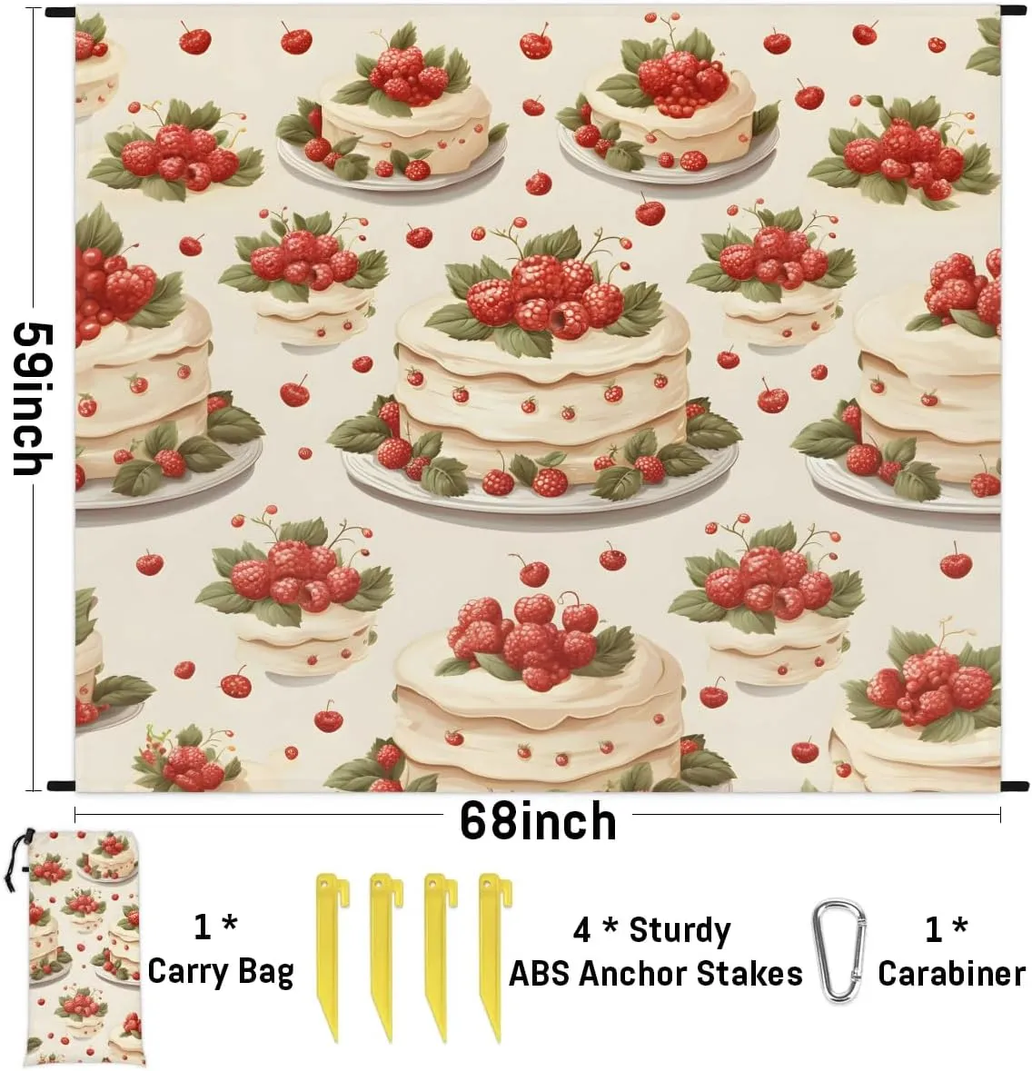Happy Birthday Cake Colorful Beach Blanket, Sandproof Beach Mat, 68 x 59 Waterproof Quick Drying Sand Free Mat with 4 x Ground Spikes for Outdoor Travel Camping Hiking, Birthday Cake