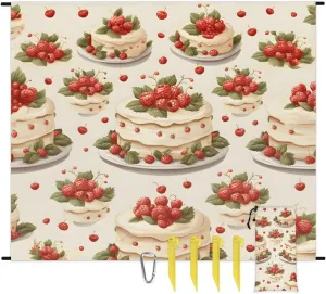 Happy Birthday Cake Colorful Beach Blanket, Sandproof Beach Mat, 68 x 59 Waterproof Quick Drying Sand Free Mat with 4 x Ground Spikes for Outdoor Travel Camping Hiking, Birthday Cake