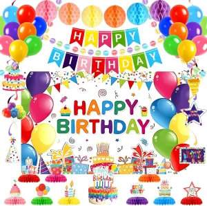 Happy Birthday Decorations Kit, 43pcs Colorful Birthday Set includes Birthday Backdrop Cloth, Banner, Balloons, Paper Honeycomb Balls, Hanging Swirl, Party Decorations Supplies for Women Kids