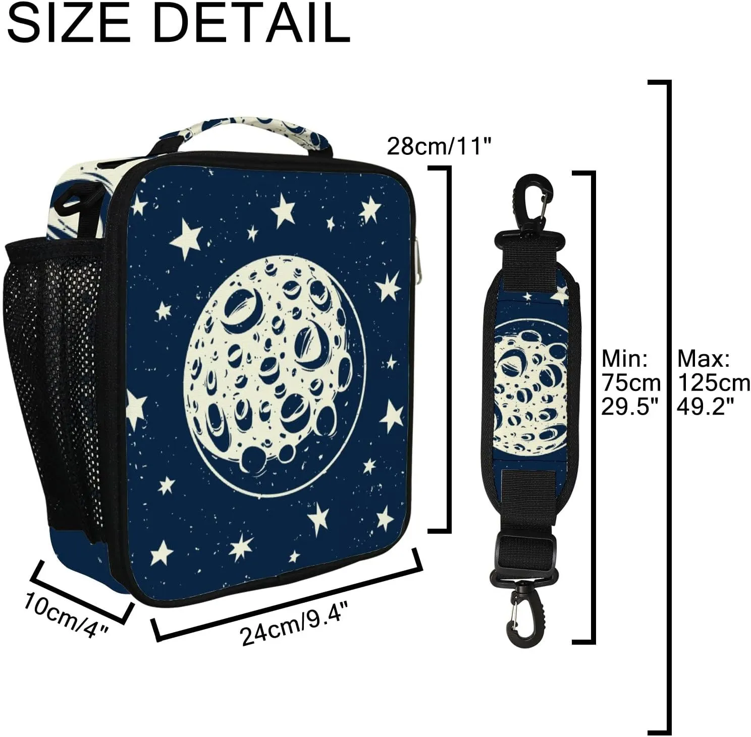 Hapuxt Lunch Box Lunch Bag with Adjustable Shoulder Strap Tote Stars Full Moon Craters Night Sky Insulated Waterproof Outdoor Work Office Picnic for Women Men