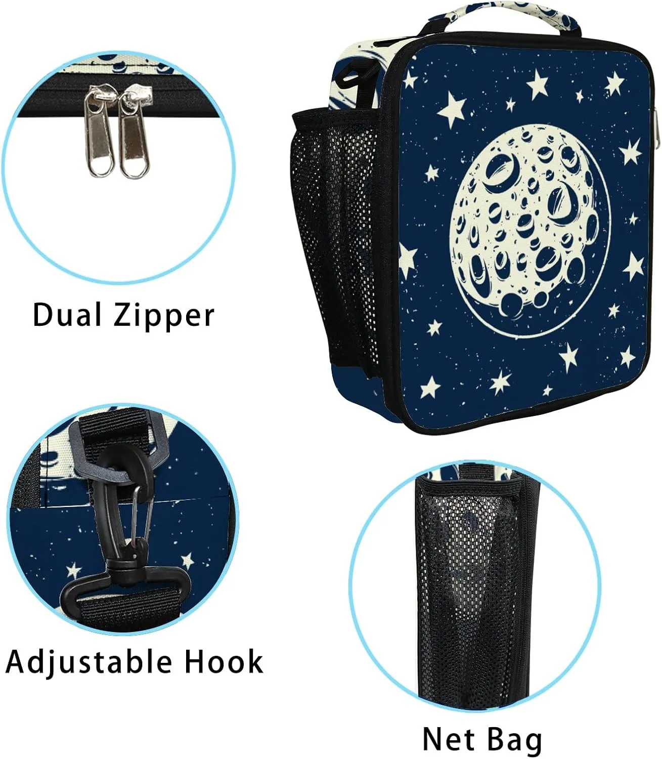 Hapuxt Lunch Box Lunch Bag with Adjustable Shoulder Strap Tote Stars Full Moon Craters Night Sky Insulated Waterproof Outdoor Work Office Picnic for Women Men
