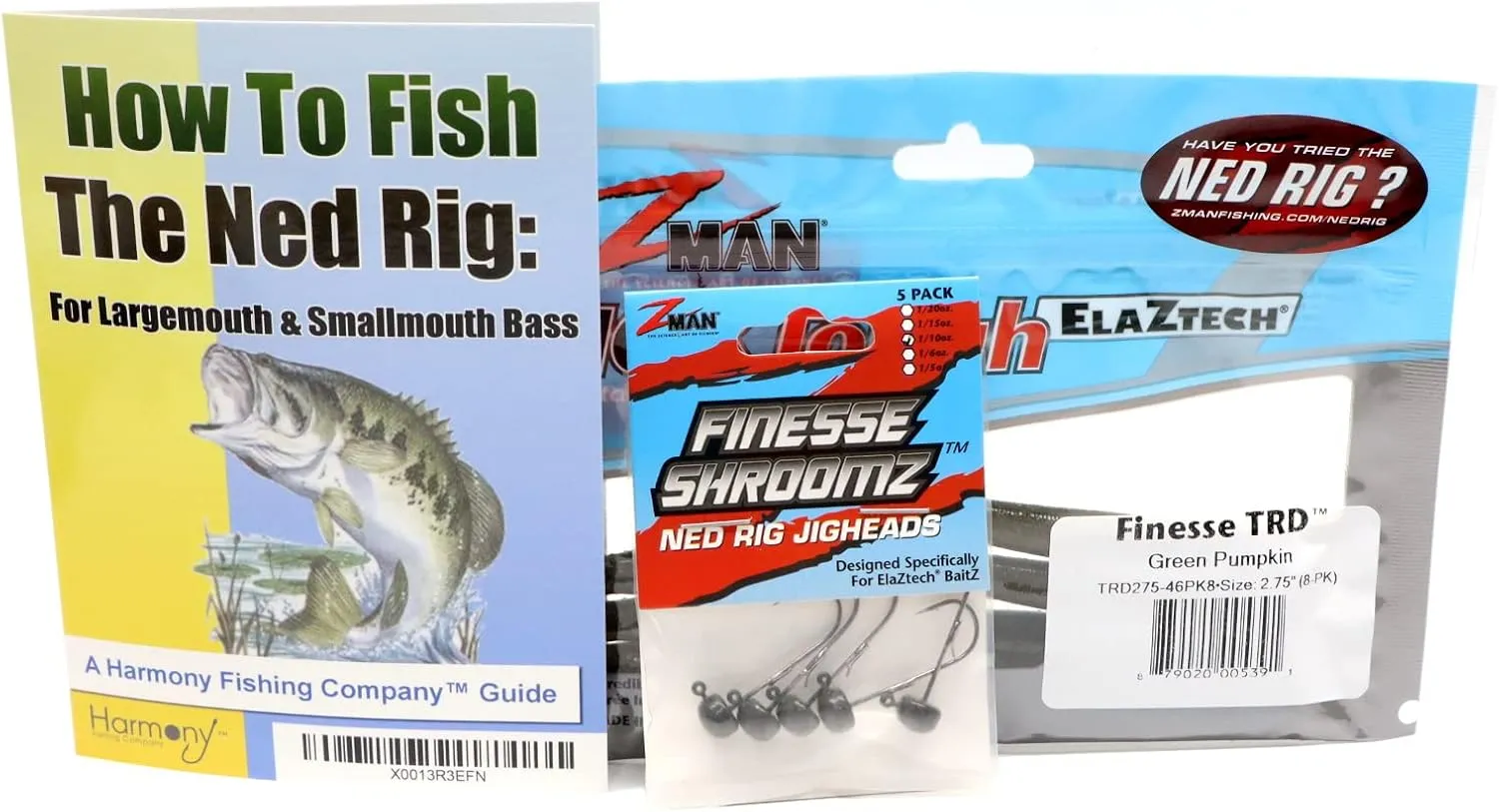Harmony Fishing Company Ned Rig Kit - Z-Man Finesse T.R.D. 8pk   Finesse Shroomz Jig Heads 5pk (Green Pumpkin)   How to Fish The Ned Rig Guide