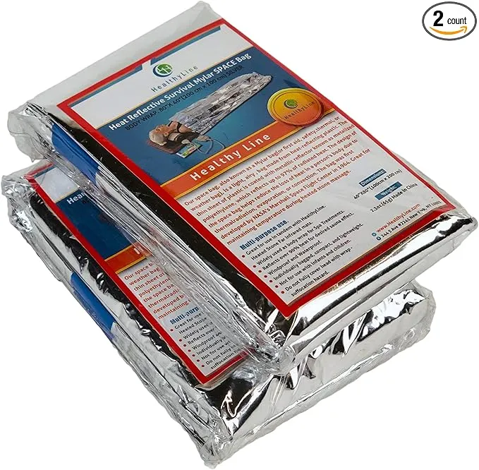 HealthyLine - Emergency Mylar Thermal Space Sleeping Bags (2 Pack) - for Detox & Weight Loss Sauna Experience, Far Infrared Therapy - Retains up to 97% of Body Heat - Silver 80in x 40in