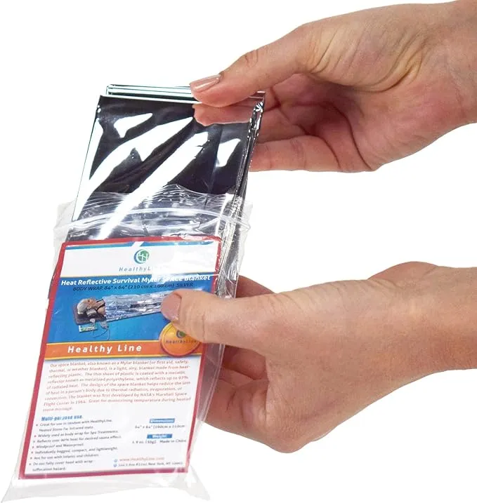 HealthyLine - Emergency Mylar Thermal Space Sleeping Bags (2 Pack) - for Detox & Weight Loss Sauna Experience, Far Infrared Therapy - Retains up to 97% of Body Heat - Silver 80in x 40in