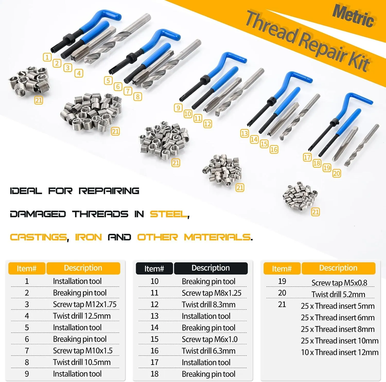 Helicoil Thread Repair Kit, Metric 131-Piece - Including M5 M6 M8 M10 M12- with HSS Drill Bits, Thread Inserts, Taps, Installation Tools and Breakoff Tools