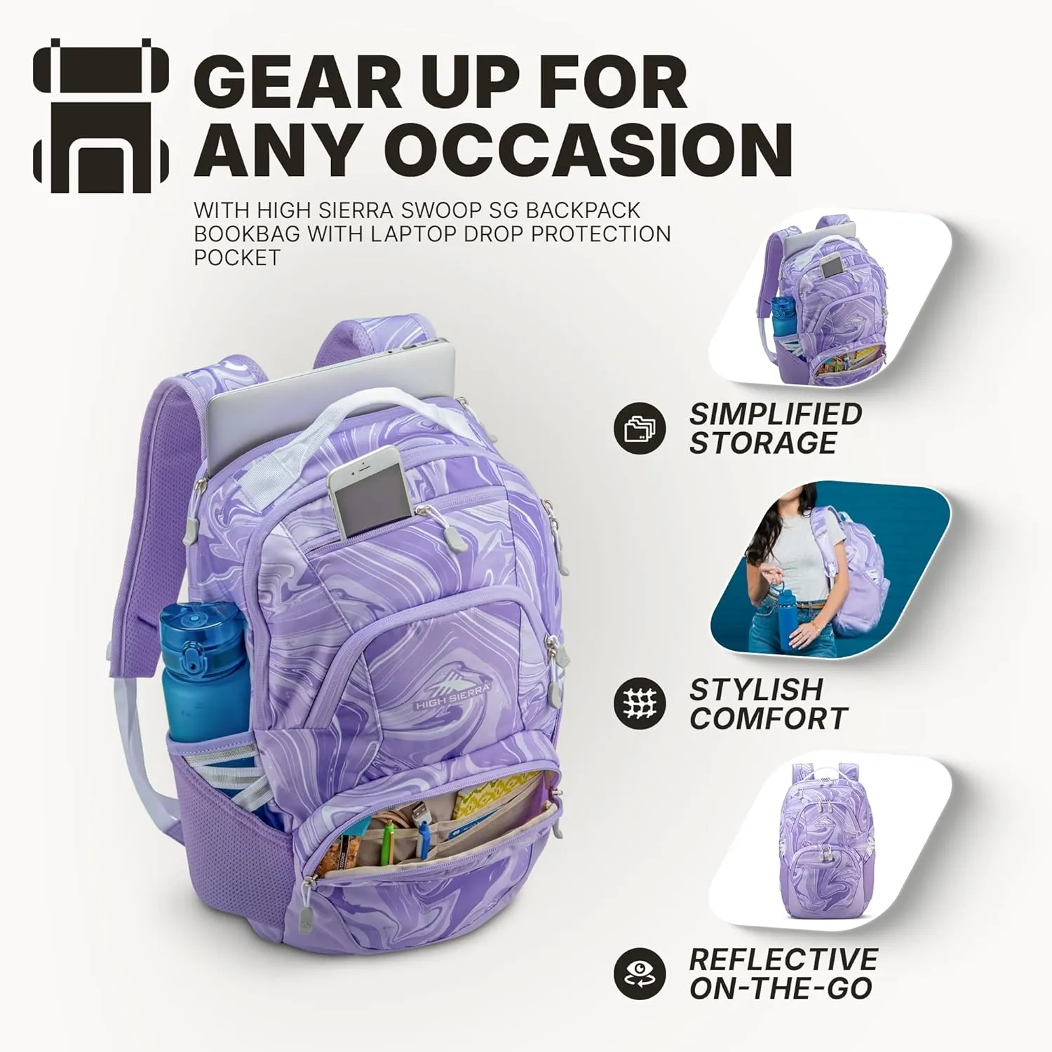 High Sierra Swoop Backpack with Laptop Pocket   Tablet Sleeve, Fits most 17” Laptops, 30L, Lavender