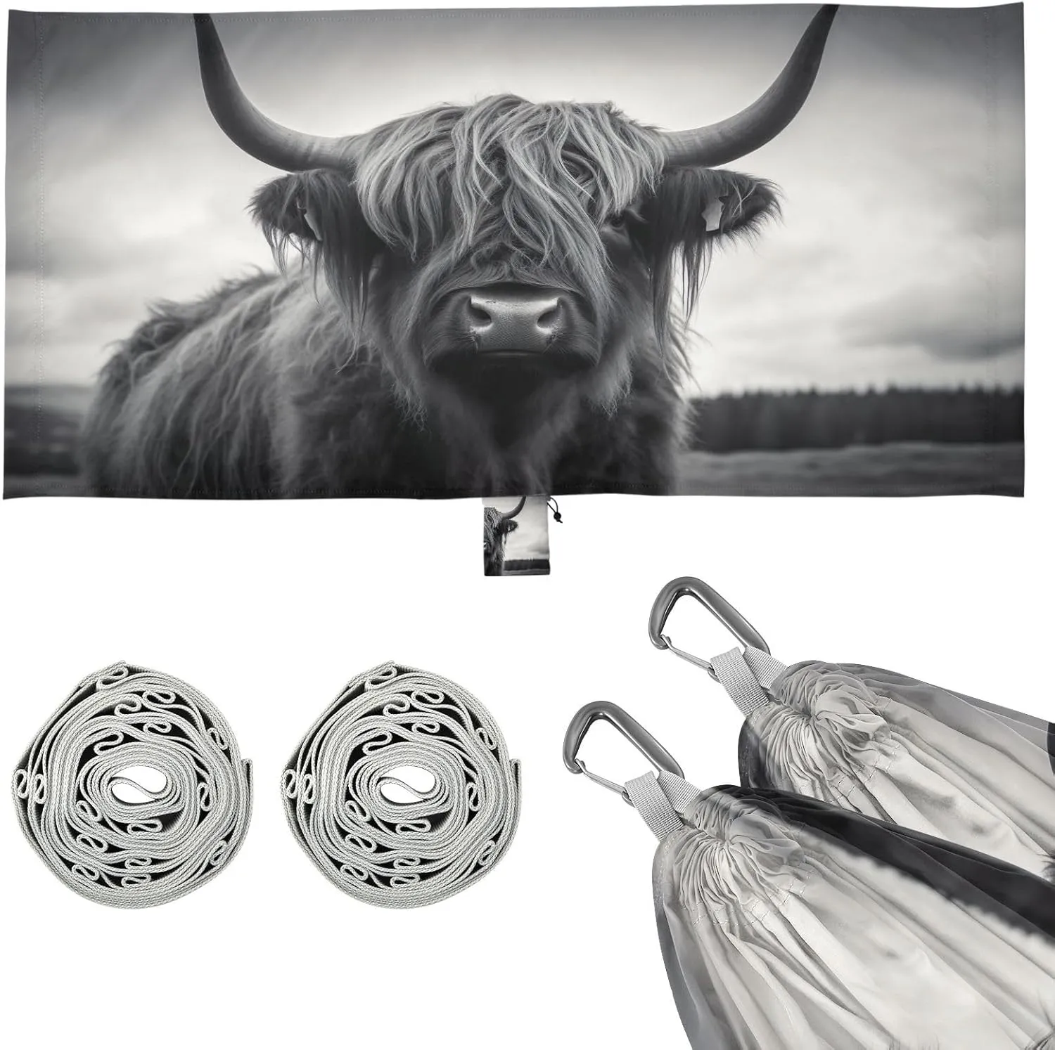 Highland Cow Gray Camping Hammock, 330 lbs with 2 Tree Straps, Carry Bag, Single Portable Hammock for Outdoor/Indoor, Hiking, Beach, Backpacking, Travel