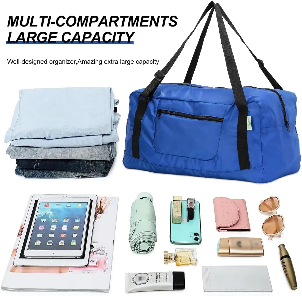 HOLYLUCK Foldable Travel Duffel Bag For Women & Men Luggage Great for Gym (Blue)