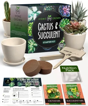 HOME GROWN Succulent & Cactus Seed Kit for Planting – [Enthusiasts Favorites] Premium Cactus & Succulent Starter Kit: 4 Planters, Drip Trays, Markers, Seeds Mix, Soil - DIY Gift Kits