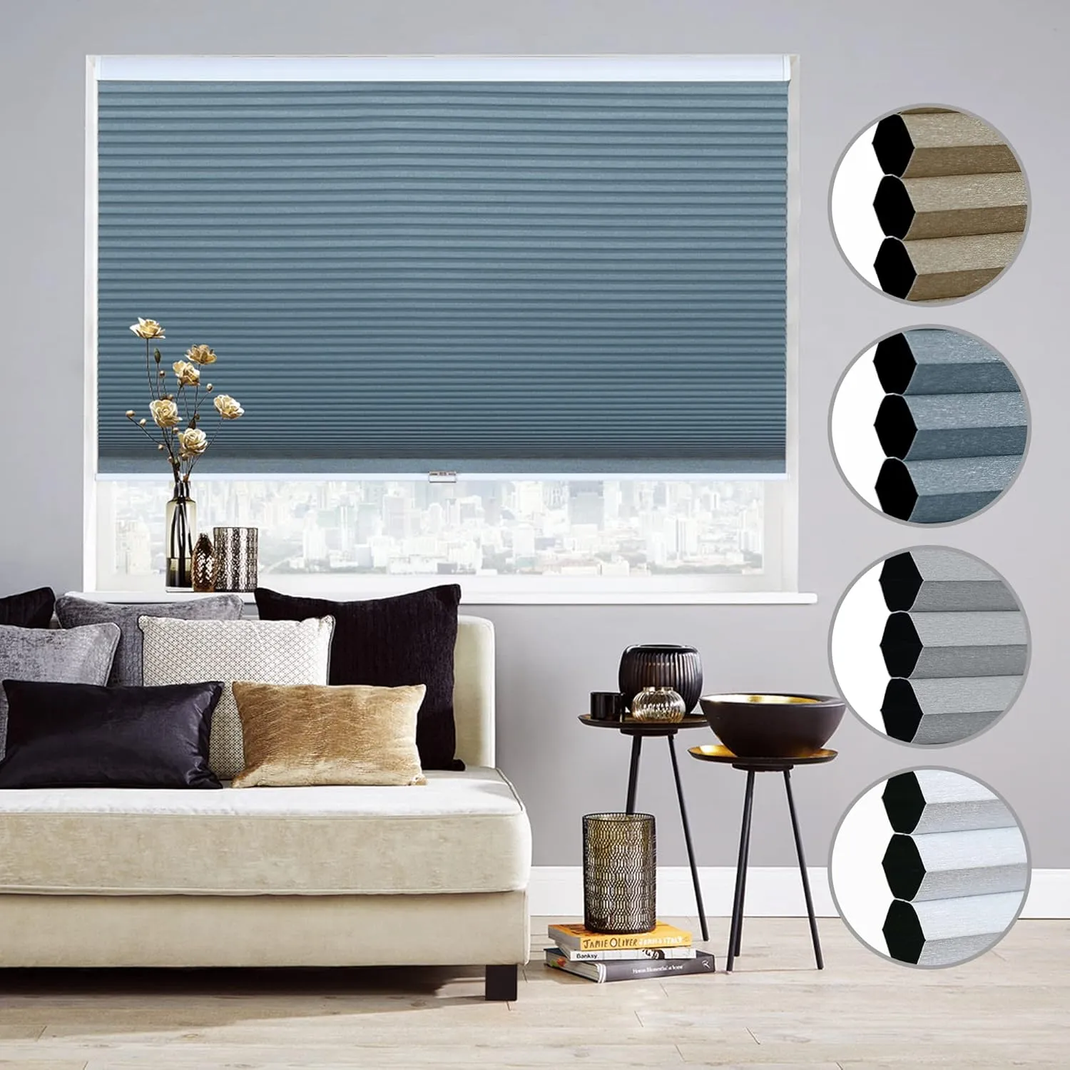 Homebox Cordless 100% Blackout Cellular Shades for Home,Shades for Indoor Windows, Honeycomb Blinds 19" W x 72" H Navy Blue