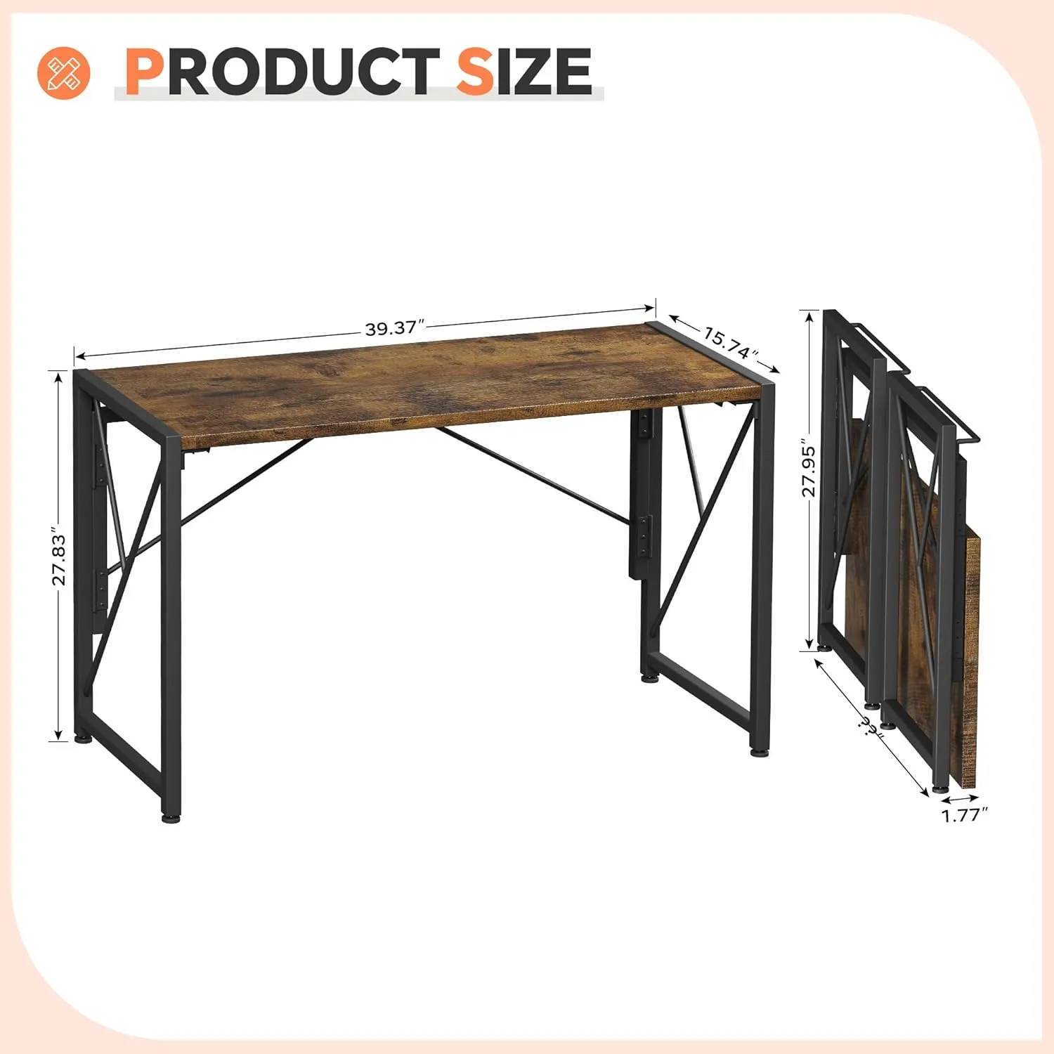 Homeiju Folding Desk 40" for Small Spaces, Portable for Bedroom, Home Office, Camping, Traveling, Space Saving, Easy Assembly, Rustic Brown