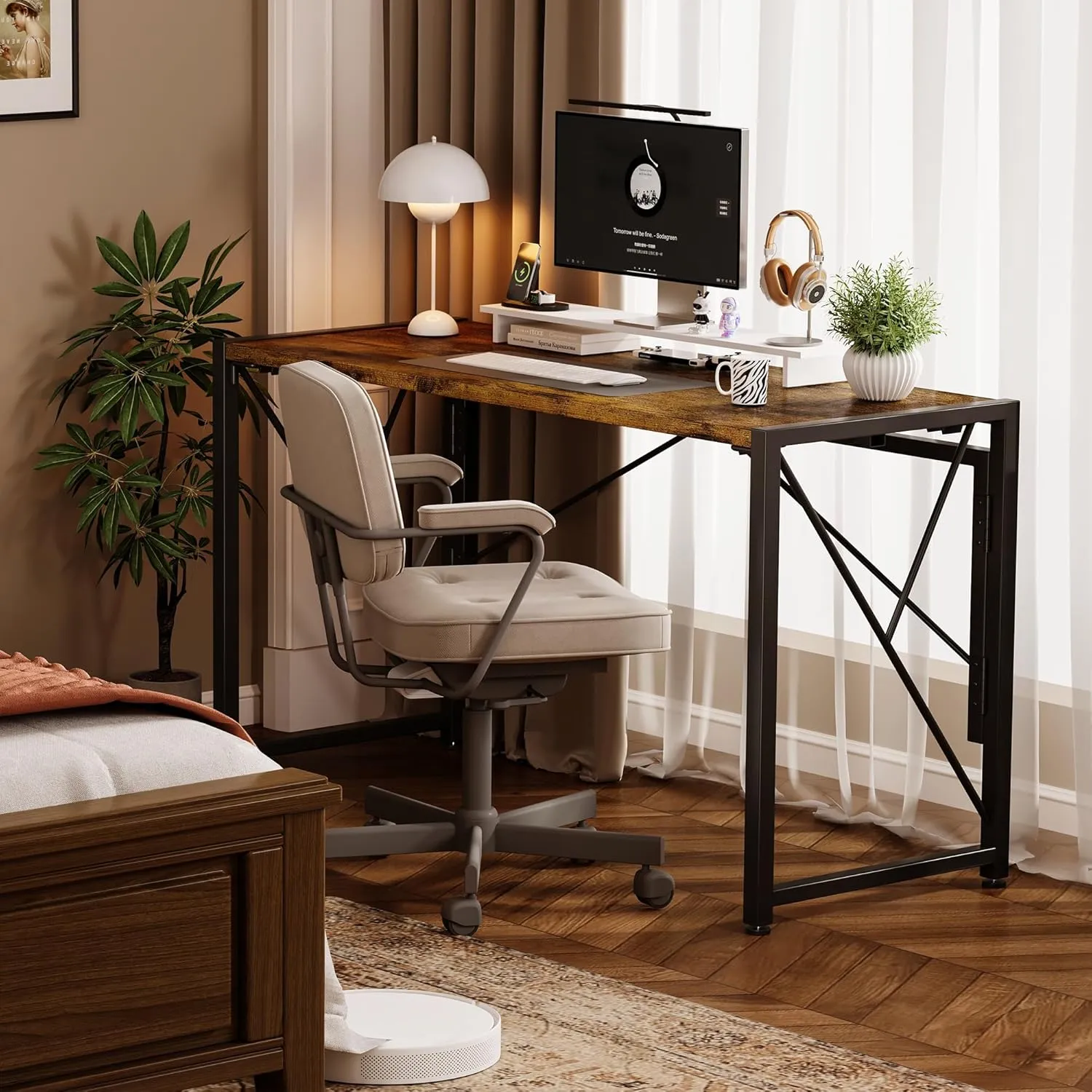 Homeiju Folding Desk 40" for Small Spaces, Portable for Bedroom, Home Office, Camping, Traveling, Space Saving, Easy Assembly, Rustic Brown