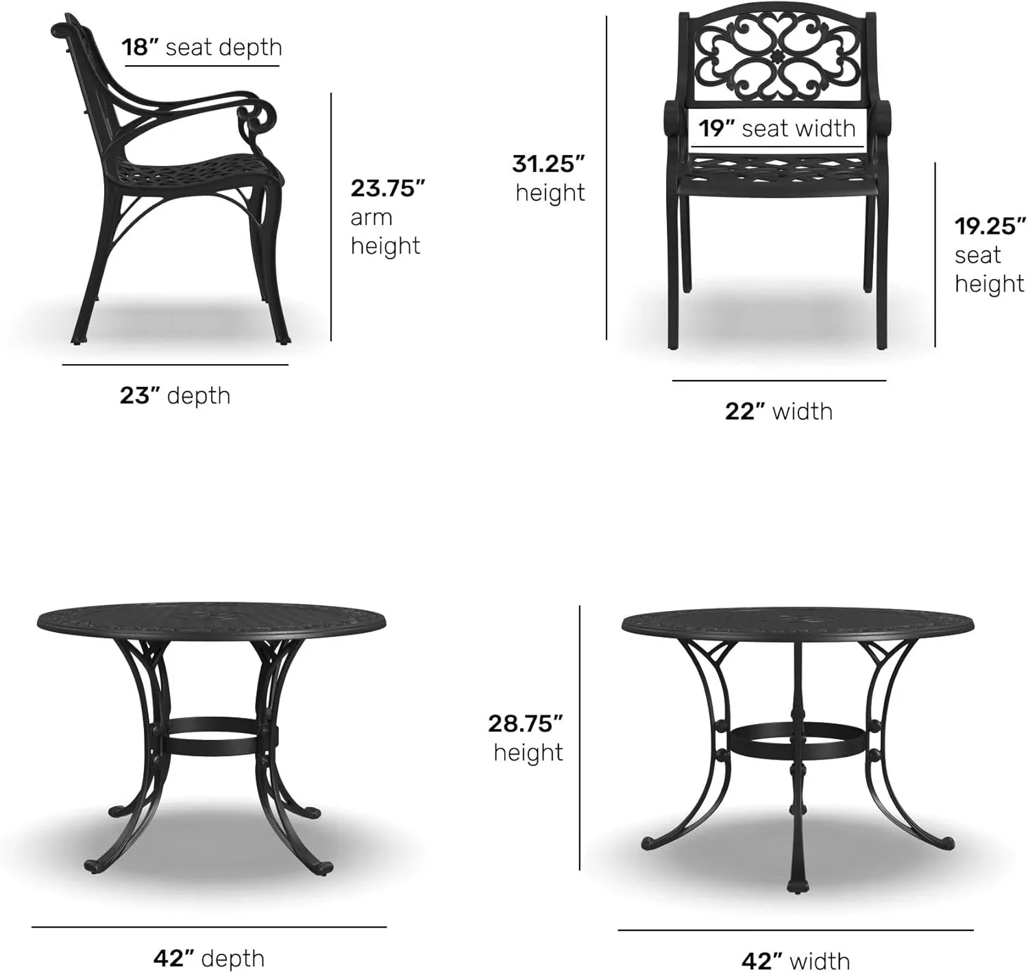 Homestyles 6654-308 5 Piece Outdoor Dining Set, 42" Table, Black