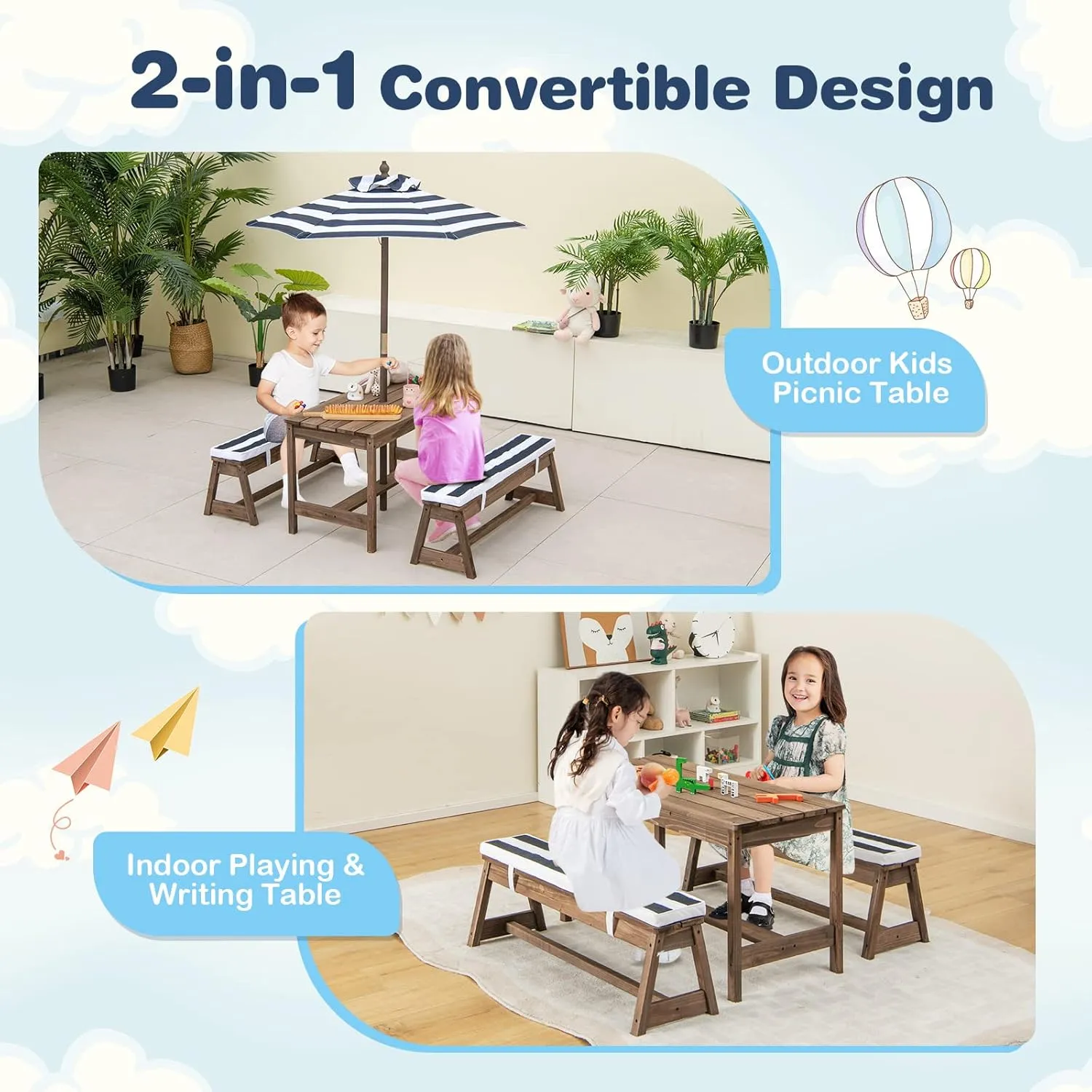 HONEY JOY Kids Picnic Table, Outdoor Wooden Table & Bench Set w/Removable Cushions and Umbrella, Stripe Fabric, Children Backyard Furniture for Patio Garden, Gift for Toddler Boys Girls Age 3 (Blue)