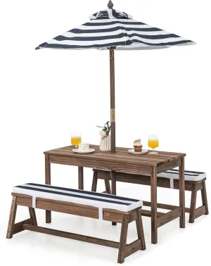 HONEY JOY Kids Picnic Table, Outdoor Wooden Table & Bench Set w/Removable Cushions and Umbrella, Stripe Fabric, Children Backyard Furniture for Patio Garden, Gift for Toddler Boys Girls Age 3 (Blue)