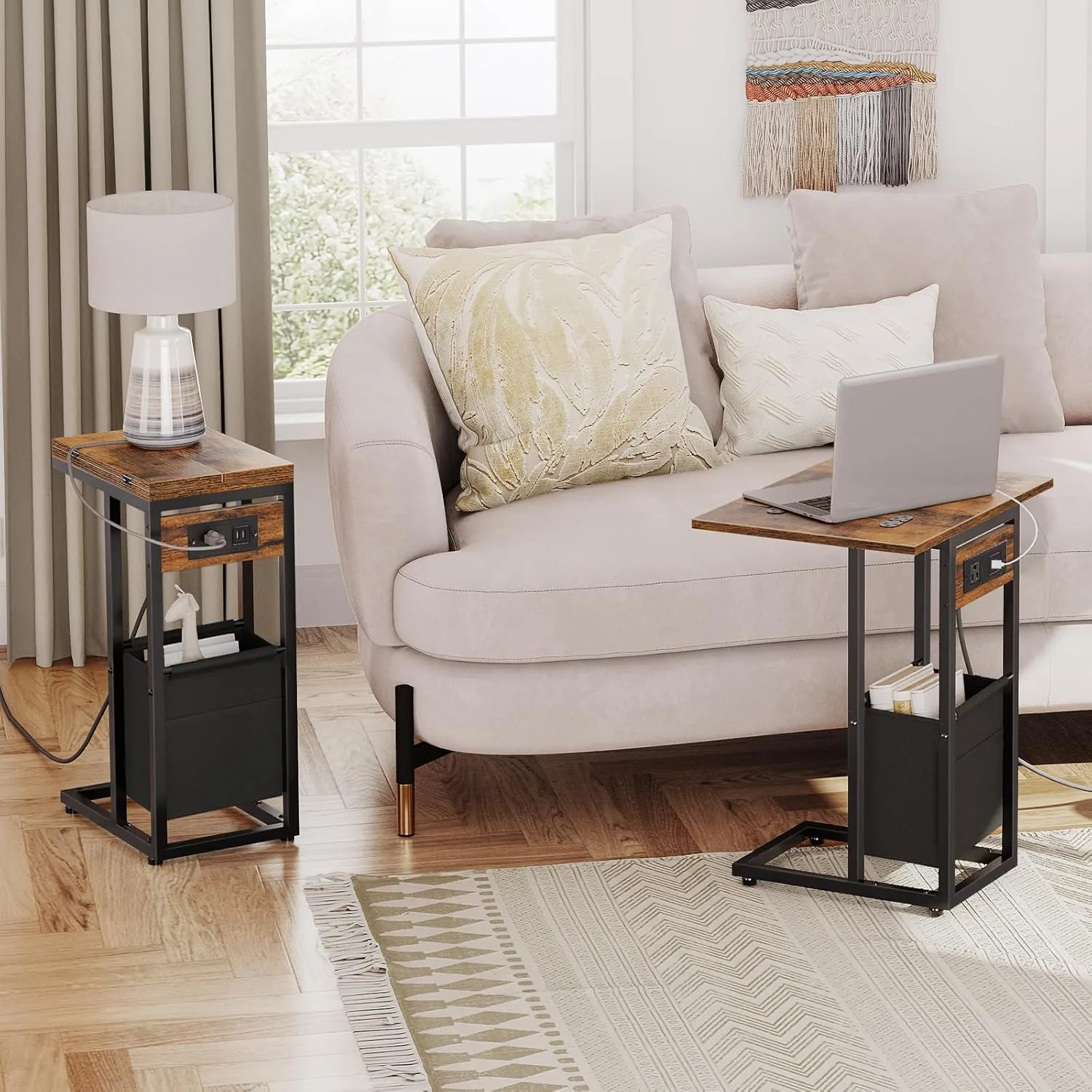 HOOBRO C Shaped Side Table with Charging Station, Foldable End Table with Fabric Bag, Sofa Couch Tray Table for Small Space in Living Room, Bedroom, Rustic Brown and Black BF30USF01