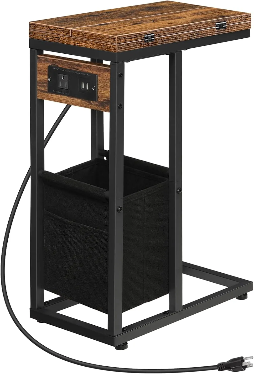 HOOBRO C Shaped Side Table with Charging Station, Foldable End Table with Fabric Bag, Sofa Couch Tray Table for Small Space in Living Room, Bedroom, Rustic Brown and Black BF30USF01