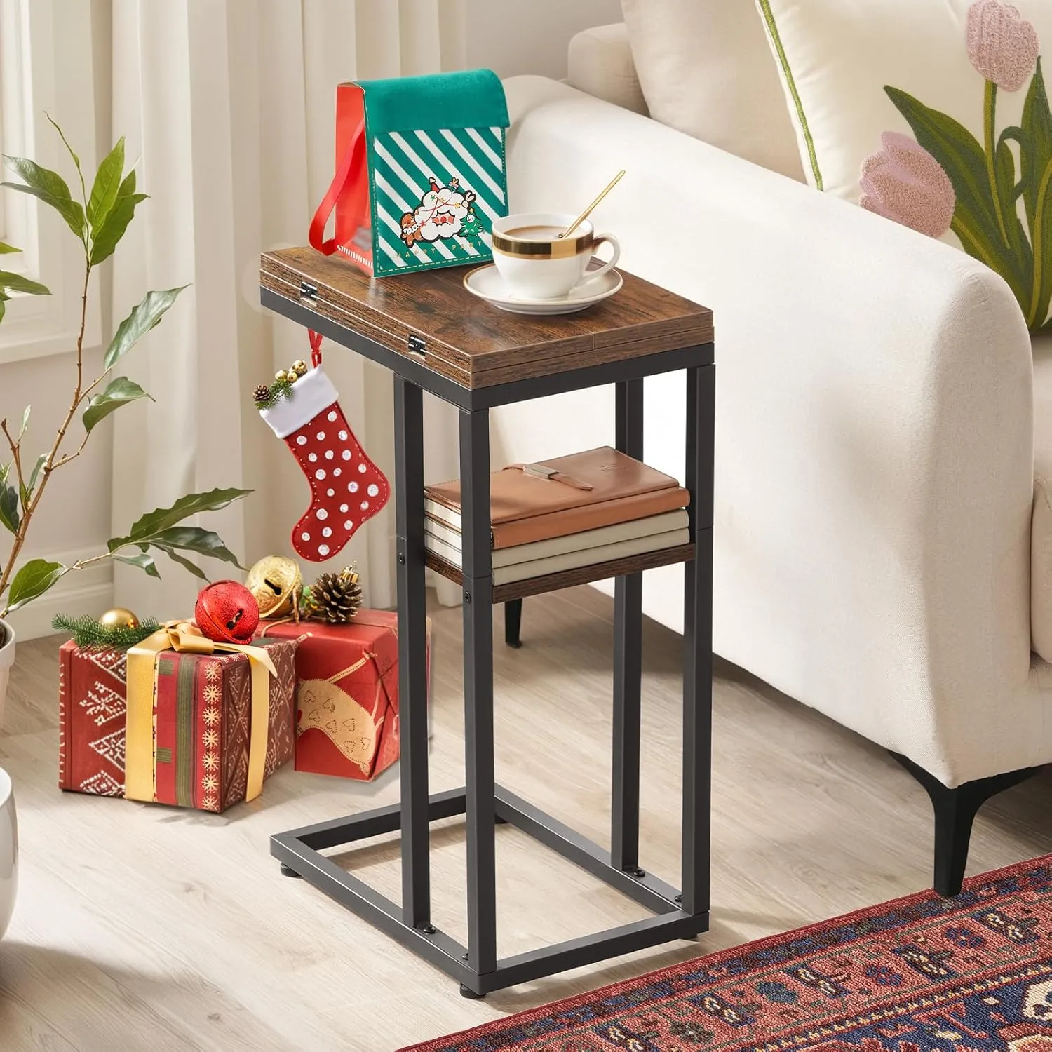 HOOBRO Foldable End Table, C Shaped Side Table with Storage Shelf, Small Snack Table Suitable for Living Room Bedroom Small Spaces, Easy Assembly, Rustic Brown BF29SF01