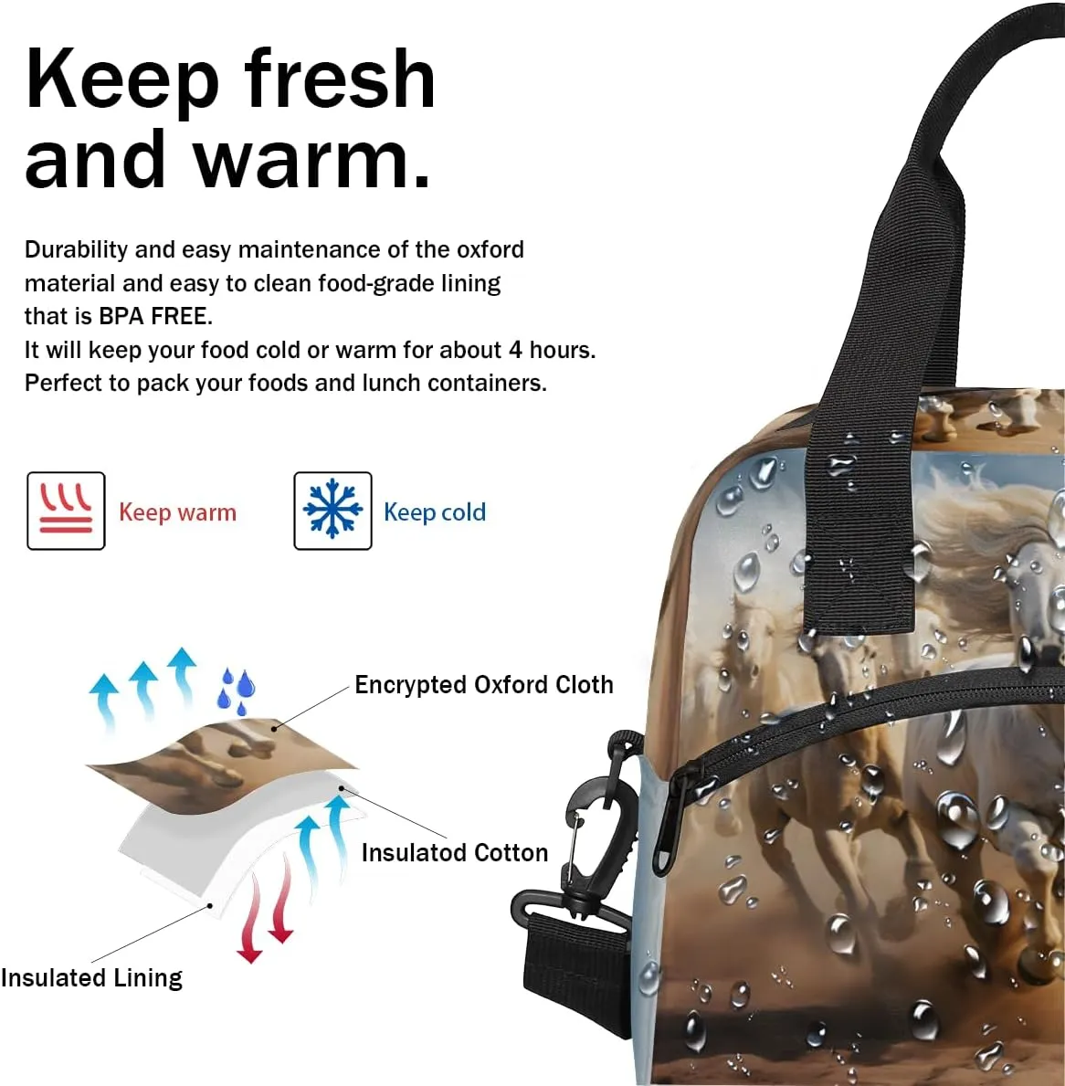 Horse Herd Run In Desert Sand Storm Lunch Bag Large Capacity Insulated Lunch Box with Adjustable Shoulder Strap Leakproof Reusable Lunch Tote Bag for Men Women Work Office Picnic Gift