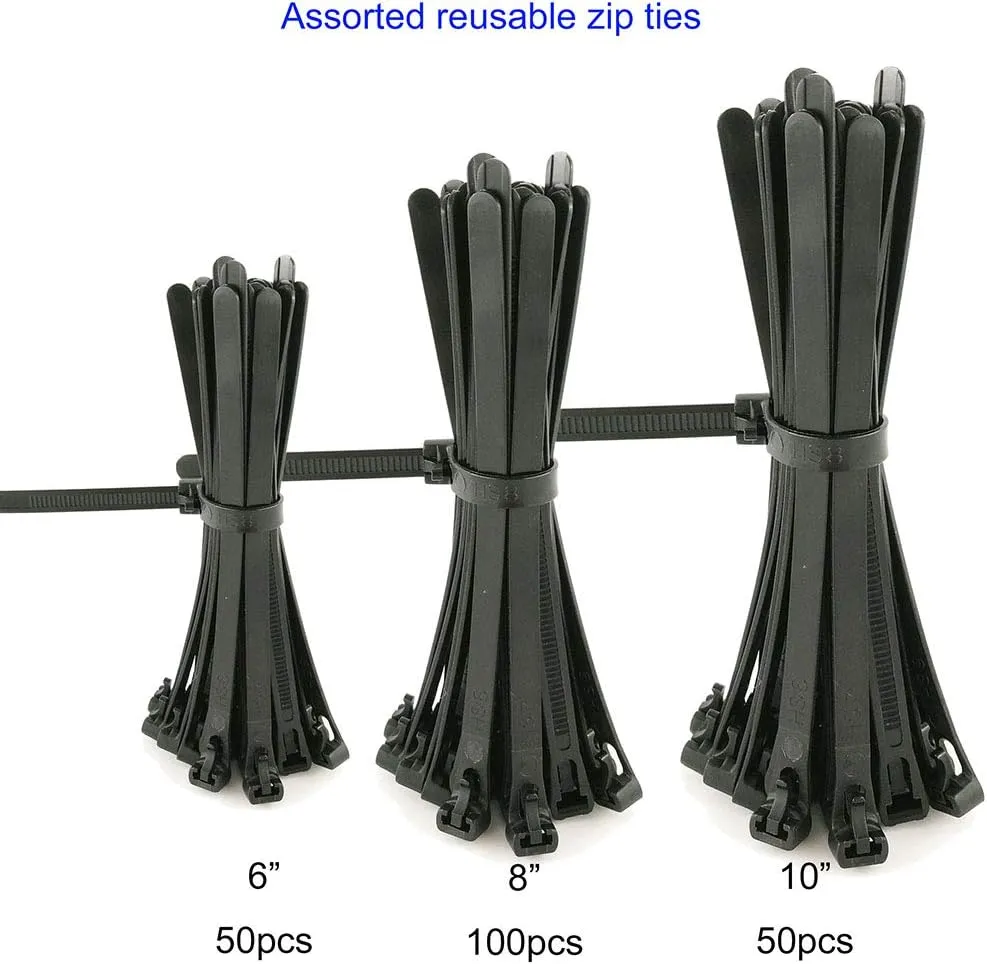HS Reusable Zip Ties Assorted 6 8 10 Inch (200 Pack) Releasable Nylon Cable Zip Ties 50 Lbs Tensile Strength,Thick Reusable Wire Ties Outdoor Indoor Purpose