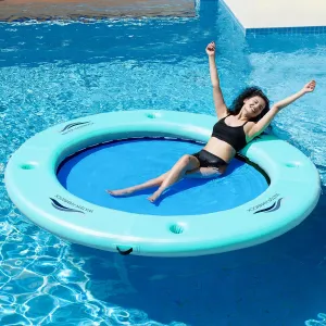 HUATEAN Sun Chill Float Ring for Adults Heavy Duty, 8ft Round Inflatable Water Hammock for Summer Party, Inflatable Dock Floating Platform, Inflatable Floating Dock for Lake, Pool, Mesh Ring Float