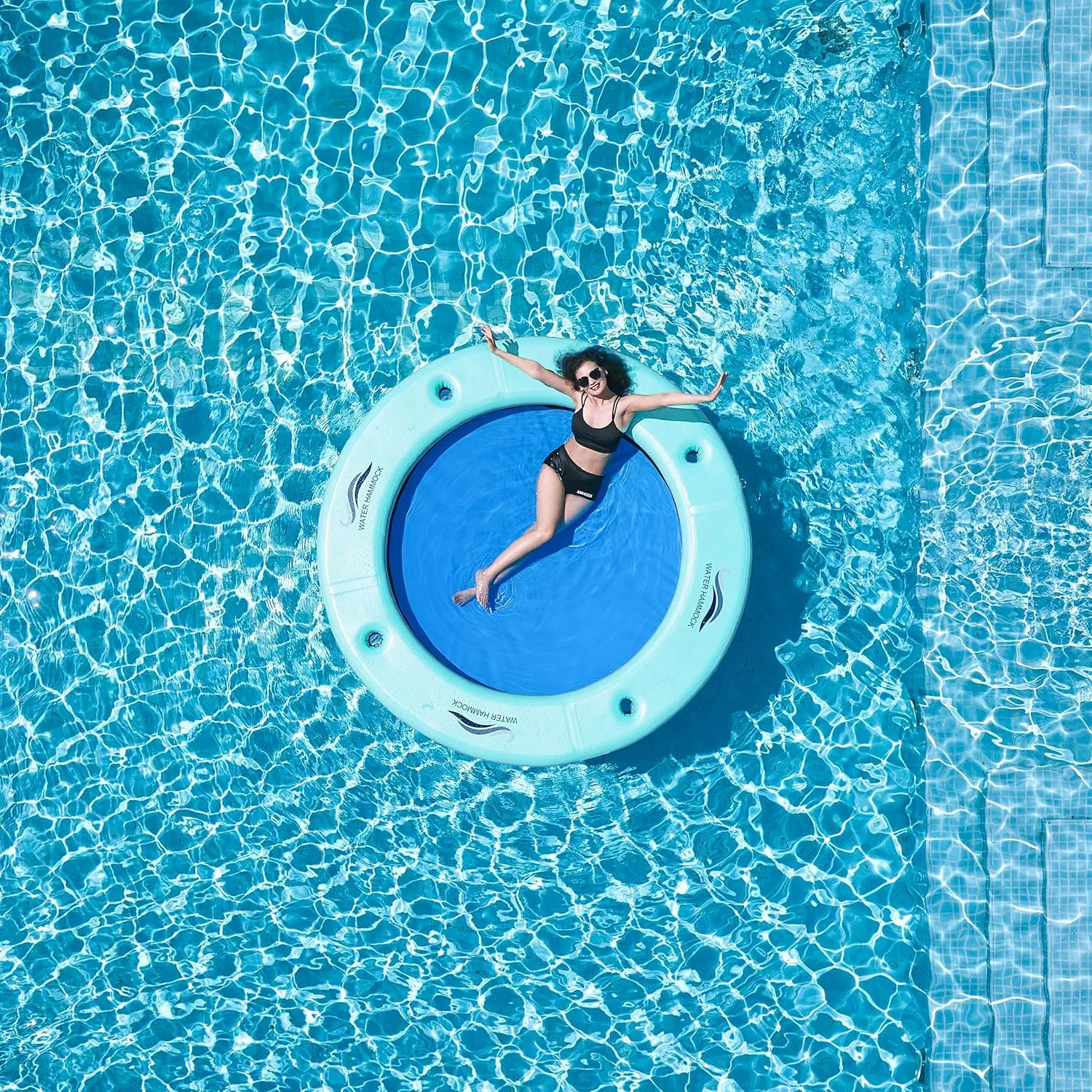HUATEAN Sun Chill Float Ring for Adults Heavy Duty, 8ft Round Inflatable Water Hammock for Summer Party, Inflatable Dock Floating Platform, Inflatable Floating Dock for Lake, Pool, Mesh Ring Float