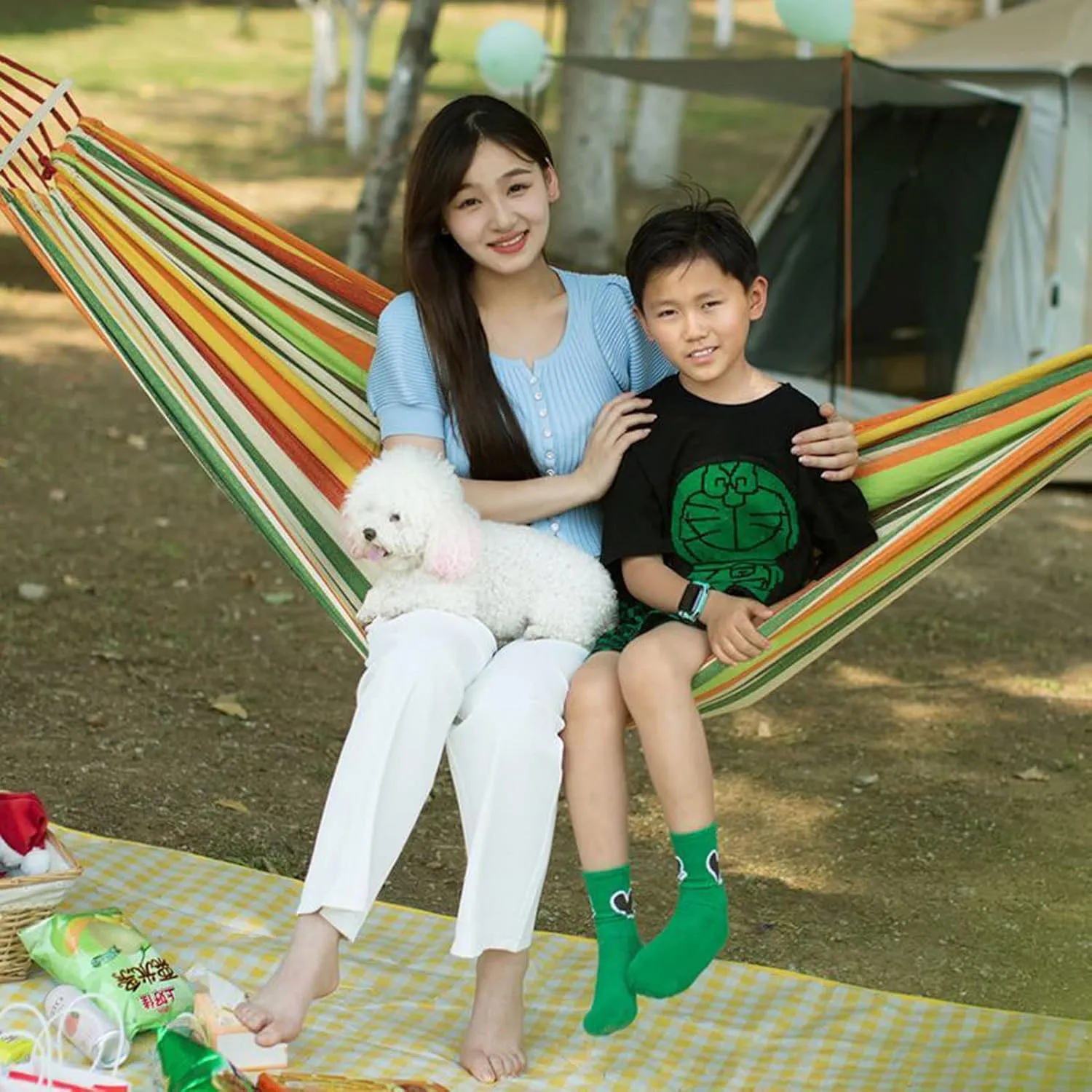 HUHJYUGE Camping Hammock, Double or Single Hammocks, Brazilian-Style Cotton Hammock, with Hanging Ropes & Carry Bag Large, for Outdoor, Travel, Hiking, Backpacking, Beach (B 260x150cm)
