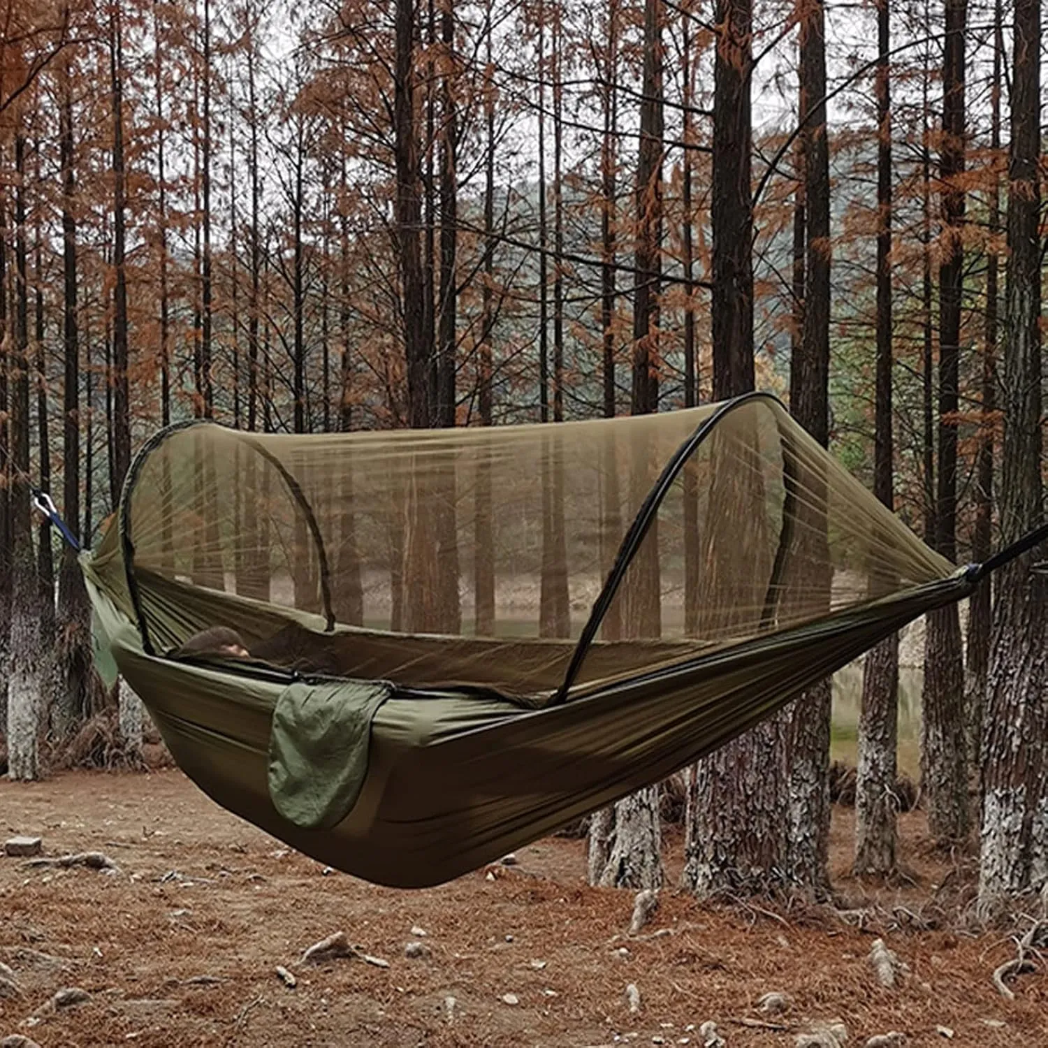 HUHJYUGE Camping Hammock with Mosquito Net, Double or Single Hammocks with Tree Straps, Portable Lightweight Nylon Parachute Hammocks, for Outdoor Hiking, Backpacking (B)