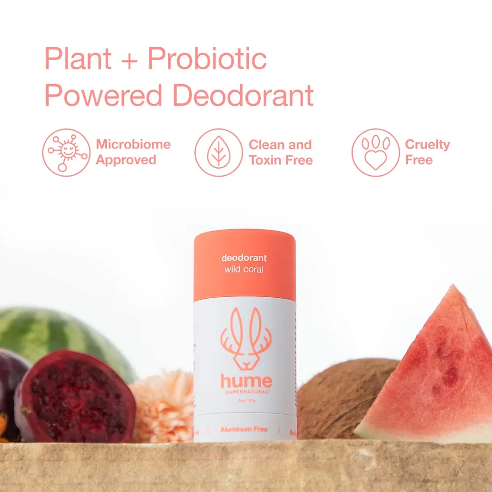 Hume Supernatural Aluminum Free Deodorant for Women & Men - Safe for Sensitive Skin - Probiotic, Plant-Based, Baking Soda Free, Aloe, & Cactus Flower, Anti Sweat, Stain & Odor – Wild Coral, 2-Pack