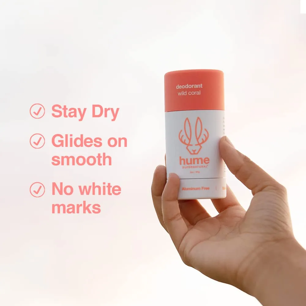 Hume Supernatural Aluminum Free Deodorant for Women & Men - Safe for Sensitive Skin - Probiotic, Plant-Based, Baking Soda Free, Aloe, & Cactus Flower, Anti Sweat, Stain & Odor – Wild Coral, 2-Pack