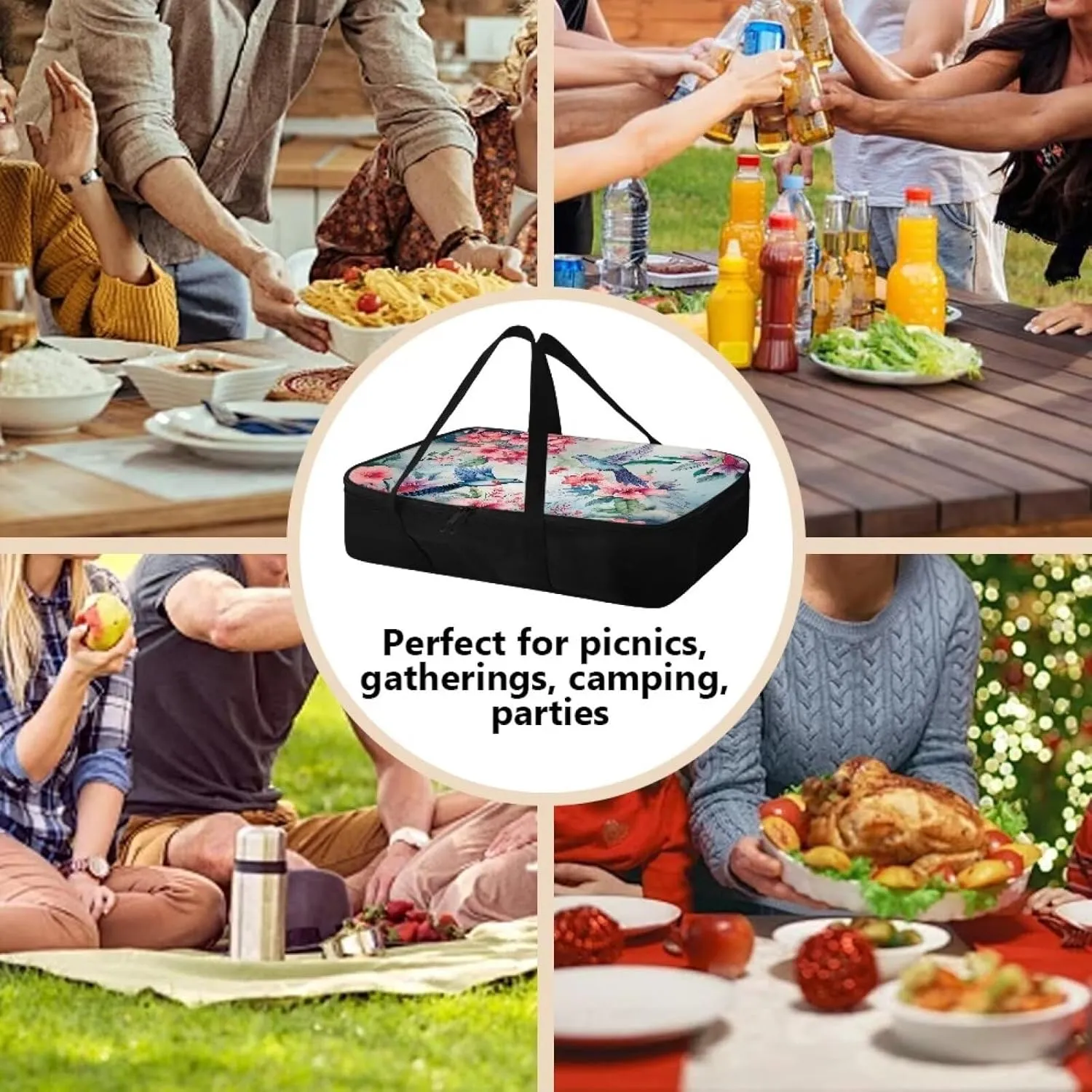 Hummingbird Print Insulated Casserole Carriers Reusable Dish Carrying Case Portable Food Warmer for Hot or Cold Food for Parties Travel Potluck