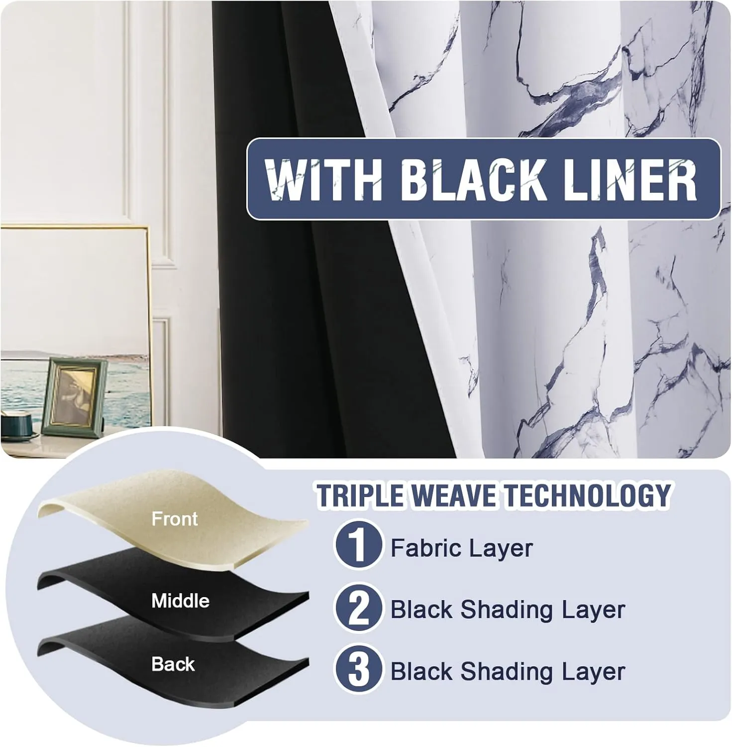 H.VERSAILTEX 100% Blackout Curtains 84 inch Length 2 Panels Set Marble Designs Printed Drapes Thermal Curtains for Bedroom with Black Liner Sound Proof Curtains, Dark Blue