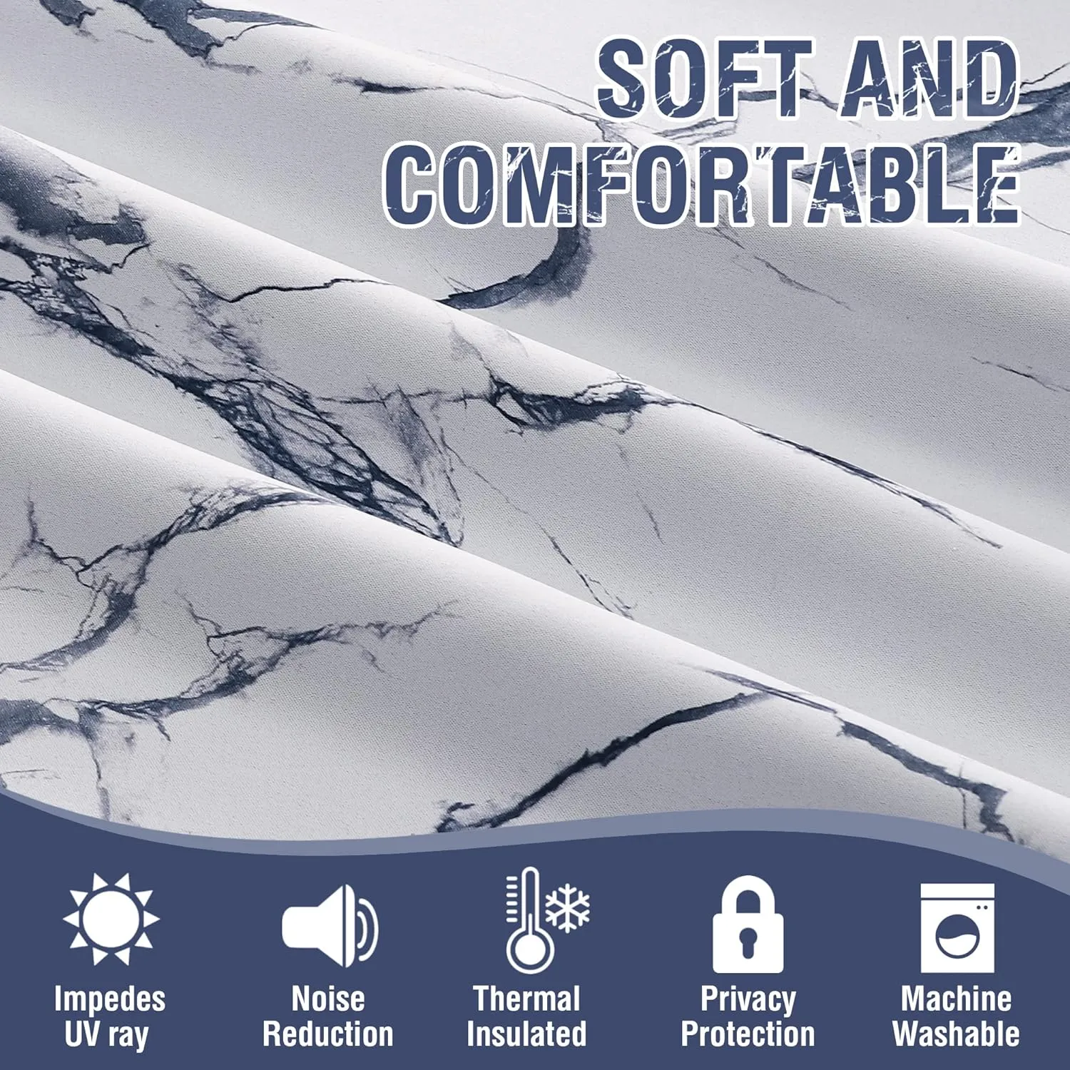 H.VERSAILTEX 100% Blackout Curtains 84 inch Length 2 Panels Set Marble Designs Printed Drapes Thermal Curtains for Bedroom with Black Liner Sound Proof Curtains, Dark Blue