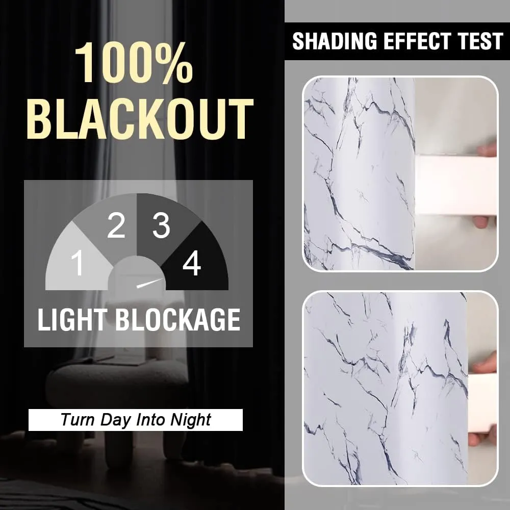 H.VERSAILTEX 100% Blackout Curtains 84 inch Length 2 Panels Set Marble Designs Printed Drapes Thermal Curtains for Bedroom with Black Liner Sound Proof Curtains, Dark Blue