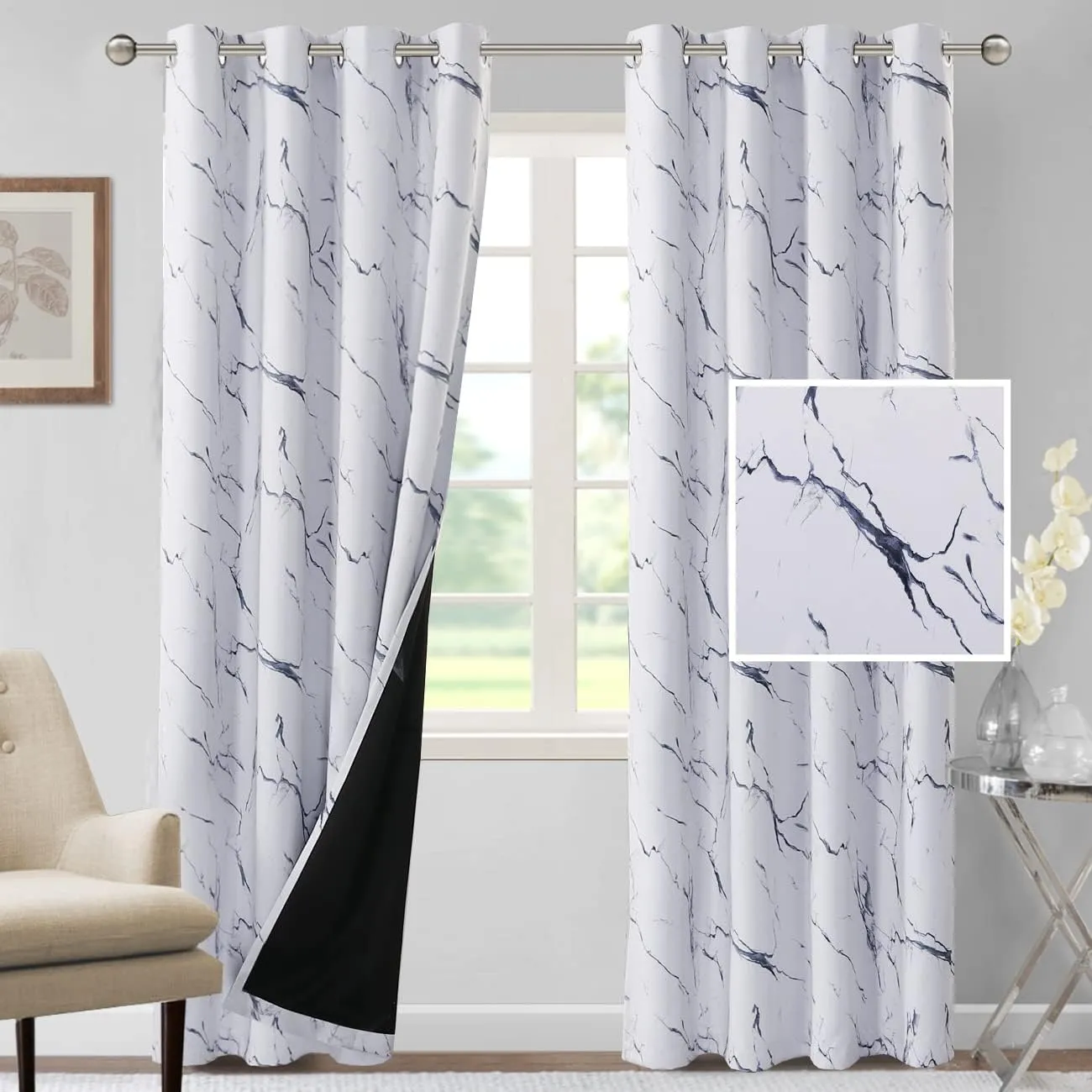 H.VERSAILTEX 100% Blackout Curtains 84 inch Length 2 Panels Set Marble Designs Printed Drapes Thermal Curtains for Bedroom with Black Liner Sound Proof Curtains, Dark Blue