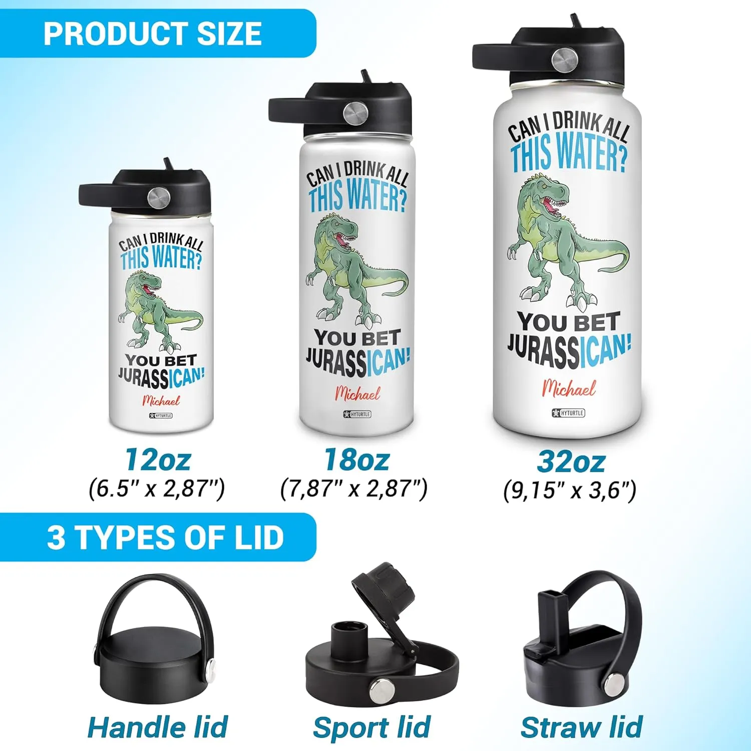 Hyturtle Personalized Gifts For Dinosaur Lovers- Gifts For Family On Birthday Mother's Day Christmas - You Bet Jurassican Dinosaur- 12oz 18oz 32oz Stainless Steel Bottle With Straw Lid For Men Women