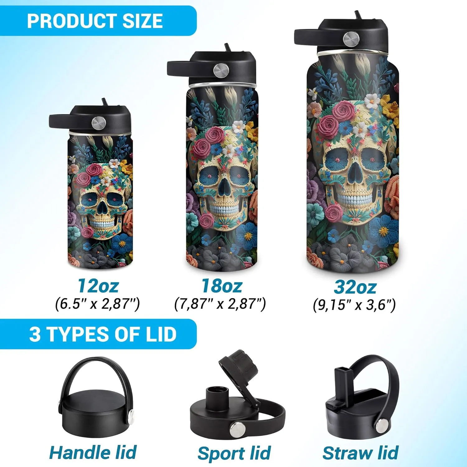 Hyturtle Personalized Skull Water Bottle - Travel Insulated Stainless Steel Bottle with Leak-Proof Lid 18oz 32oz - Custom Name Skull Gift for Women Girls Skull Lovers- Birthday, Christmas Gift