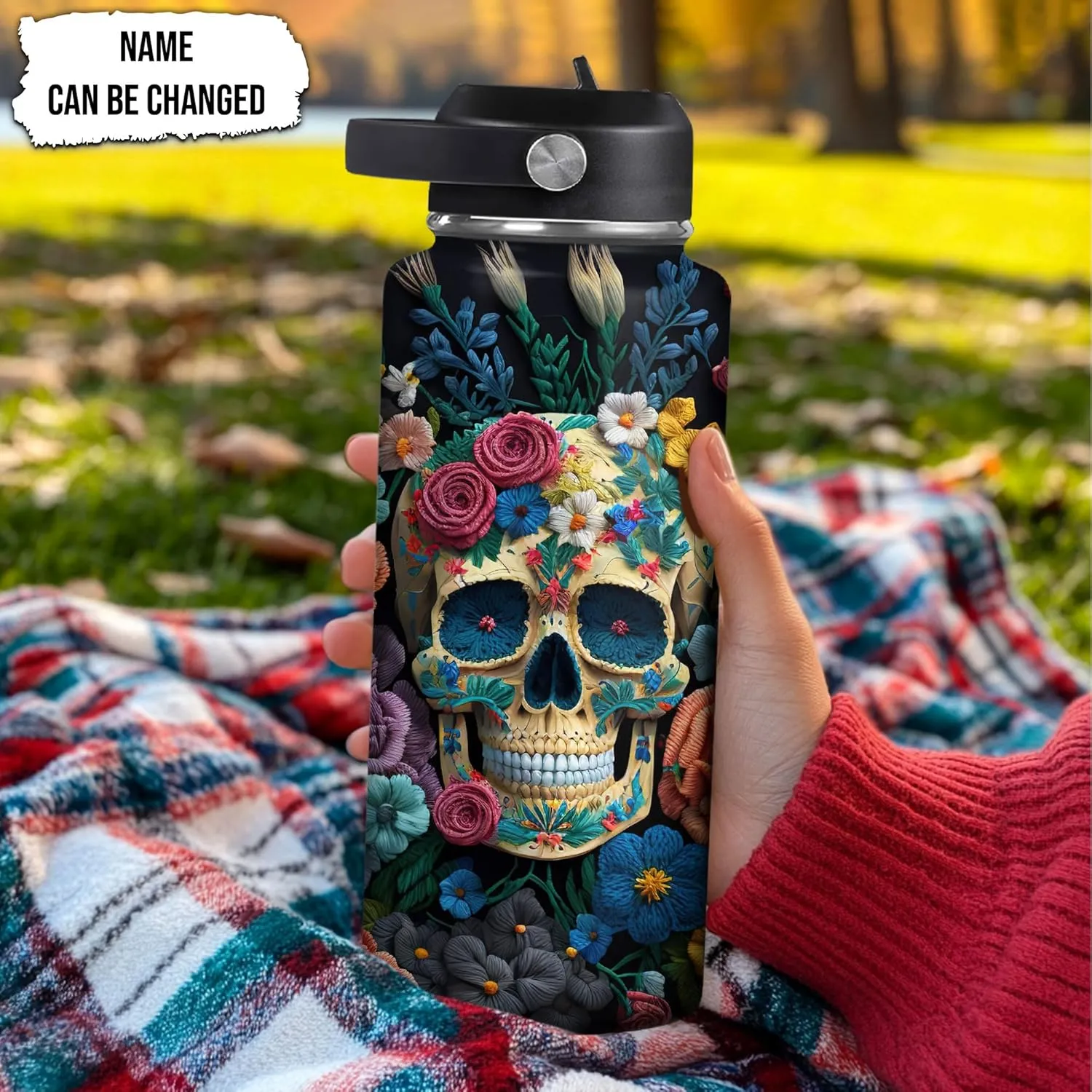 Hyturtle Personalized Skull Water Bottle - Travel Insulated Stainless Steel Bottle with Leak-Proof Lid 18oz 32oz - Custom Name Skull Gift for Women Girls Skull Lovers- Birthday, Christmas Gift