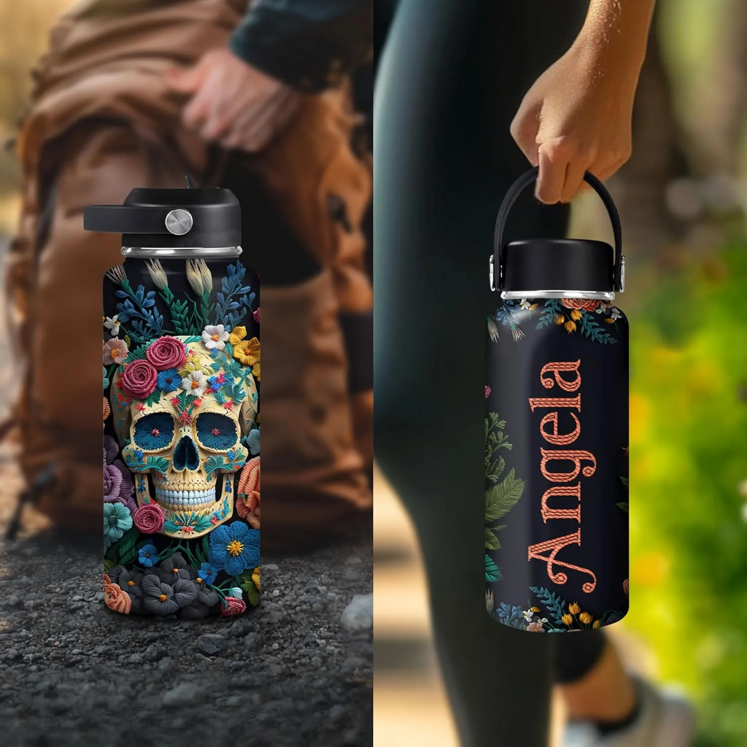 Hyturtle Personalized Skull Water Bottle - Travel Insulated Stainless Steel Bottle with Leak-Proof Lid 18oz 32oz - Custom Name Skull Gift for Women Girls Skull Lovers- Birthday, Christmas Gift