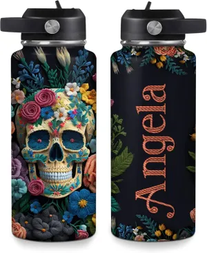 Hyturtle Personalized Skull Water Bottle - Travel Insulated Stainless Steel Bottle with Leak-Proof Lid 18oz 32oz - Custom Name Skull Gift for Women Girls Skull Lovers- Birthday, Christmas Gift