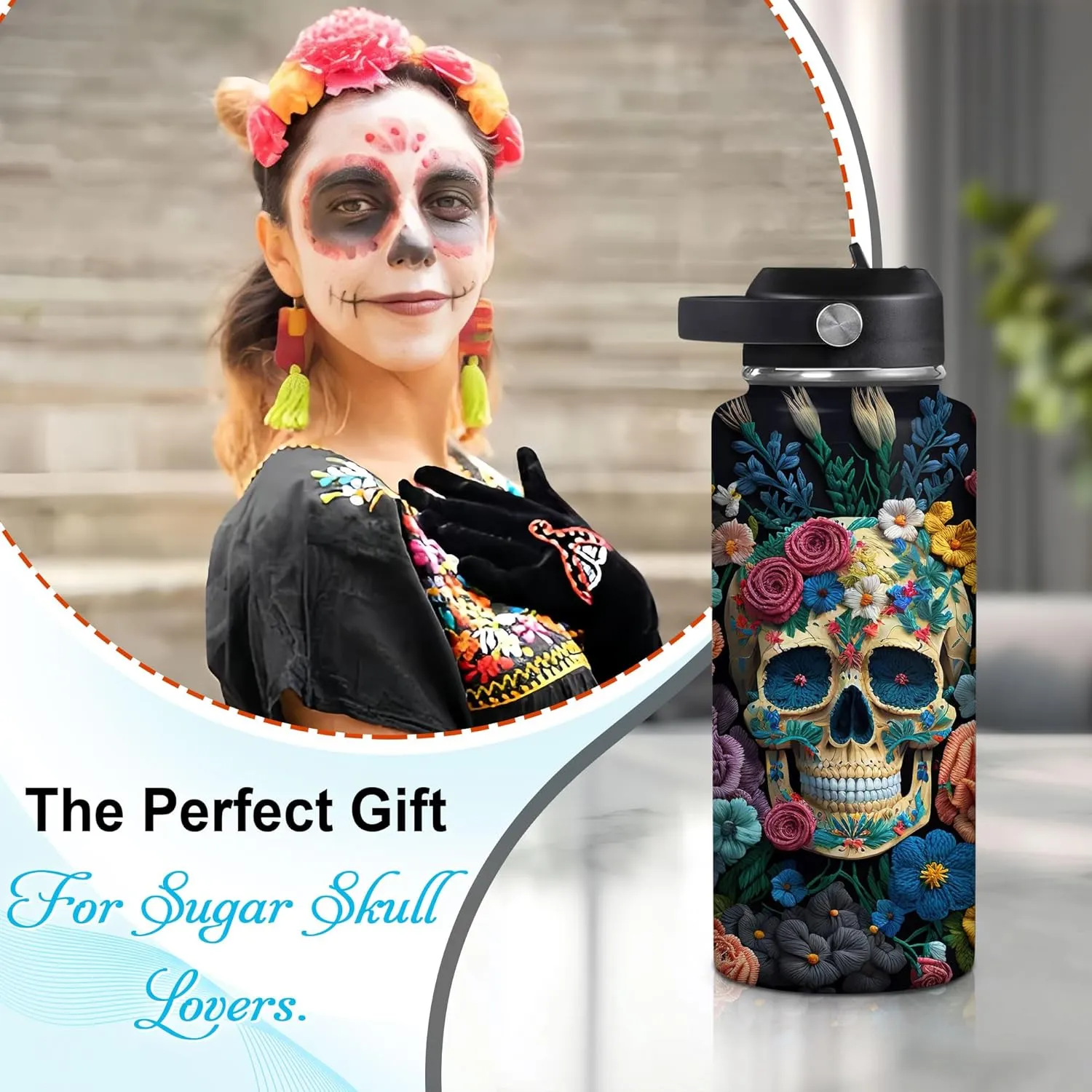 Hyturtle Personalized Skull Water Bottle - Travel Insulated Stainless Steel Bottle with Leak-Proof Lid 18oz 32oz - Custom Name Skull Gift for Women Girls Skull Lovers- Birthday, Christmas Gift