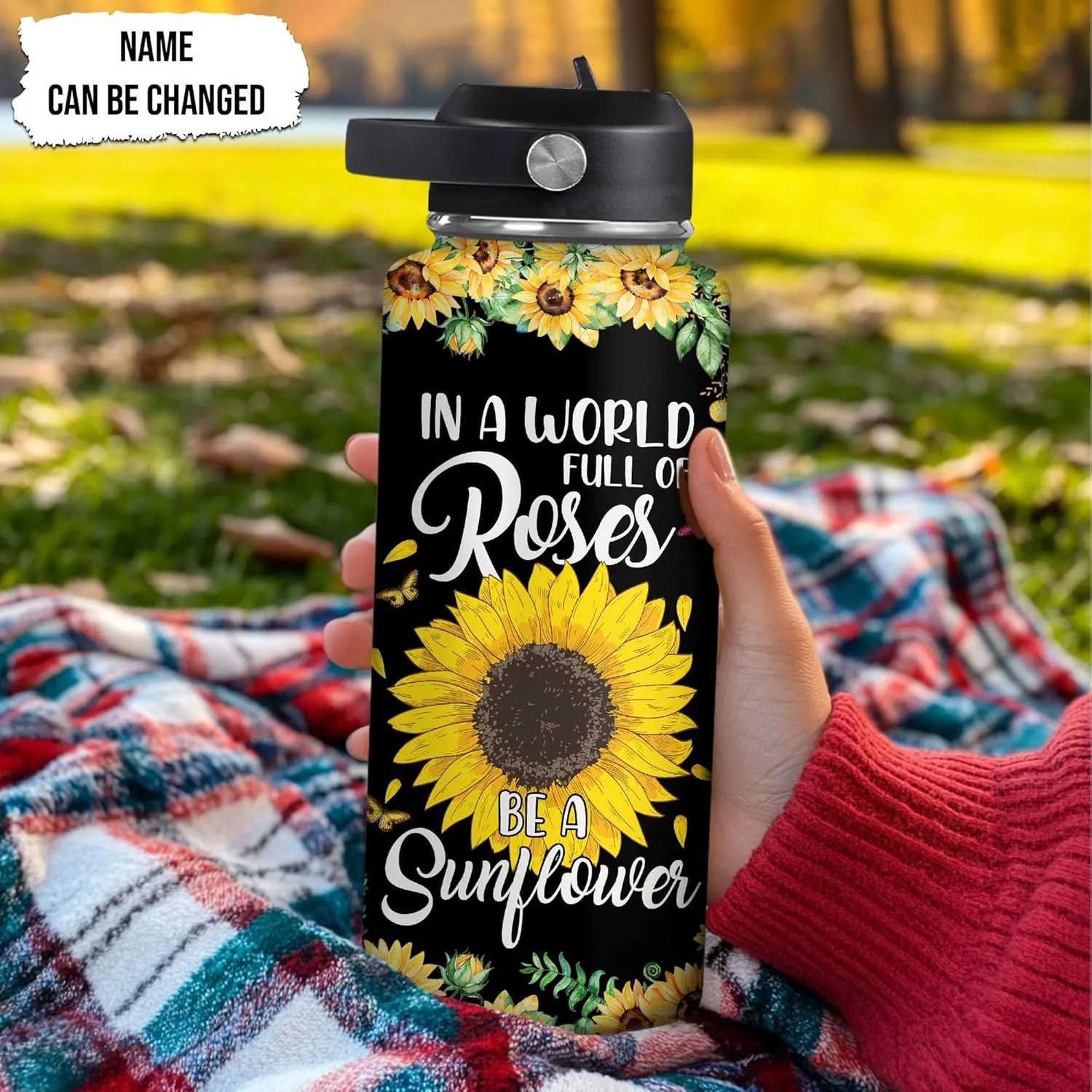 Hyturtle Personalized Sunflower Water Bottle - Travel Insulated Stainless Steel Bottle with Leak-Proof Lid 18oz 32oz - Sunflower Gift for Women, Girls, Sunflower Lovers - Birthday & Christmas Gift