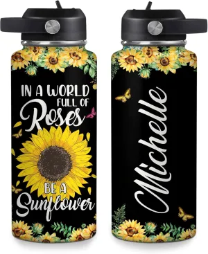 Hyturtle Personalized Sunflower Water Bottle - Travel Insulated Stainless Steel Bottle with Leak-Proof Lid 18oz 32oz - Sunflower Gift for Women, Girls, Sunflower Lovers - Birthday & Christmas Gift