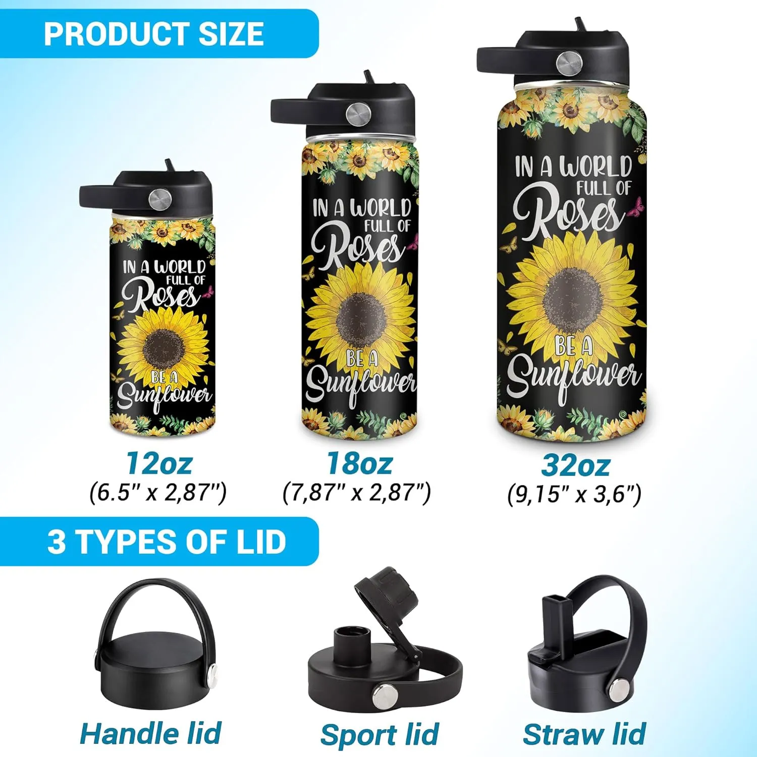 Hyturtle Personalized Sunflower Water Bottle - Travel Insulated Stainless Steel Bottle with Leak-Proof Lid 18oz 32oz - Sunflower Gift for Women, Girls, Sunflower Lovers - Birthday & Christmas Gift