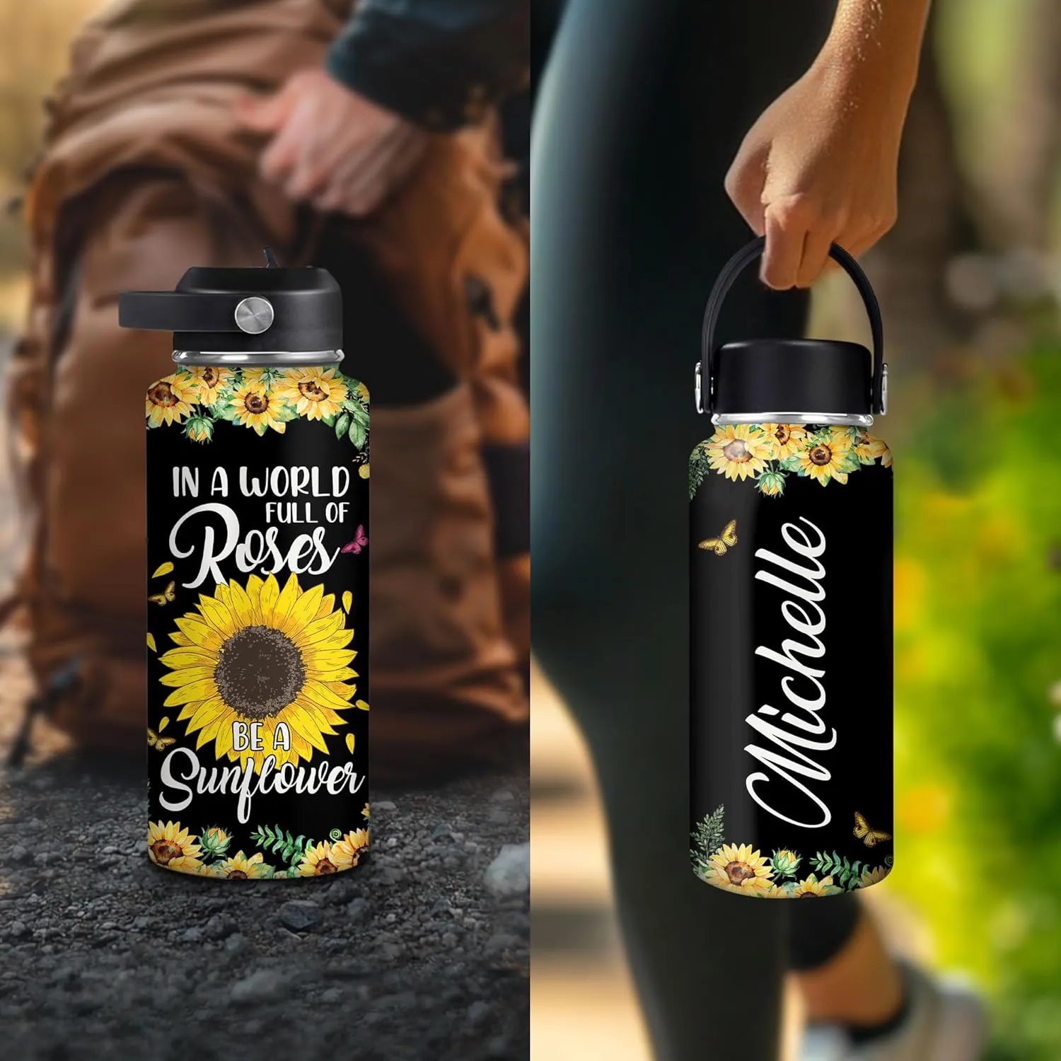 Hyturtle Personalized Sunflower Water Bottle - Travel Insulated Stainless Steel Bottle with Leak-Proof Lid 18oz 32oz - Sunflower Gift for Women, Girls, Sunflower Lovers - Birthday & Christmas Gift