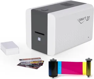 IDP SMART-21S ID Card Simplex Printer Kit with PC Only Software, 100 Print YMCKO Color Ribbon, and 100 PVC Plastic Cards