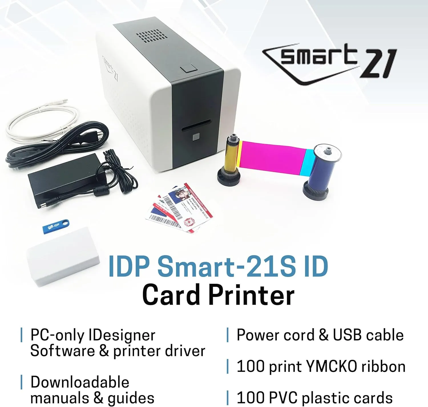 IDP SMART-21S ID Card Simplex Printer Kit with PC Only Software, 100 Print YMCKO Color Ribbon, and 100 PVC Plastic Cards