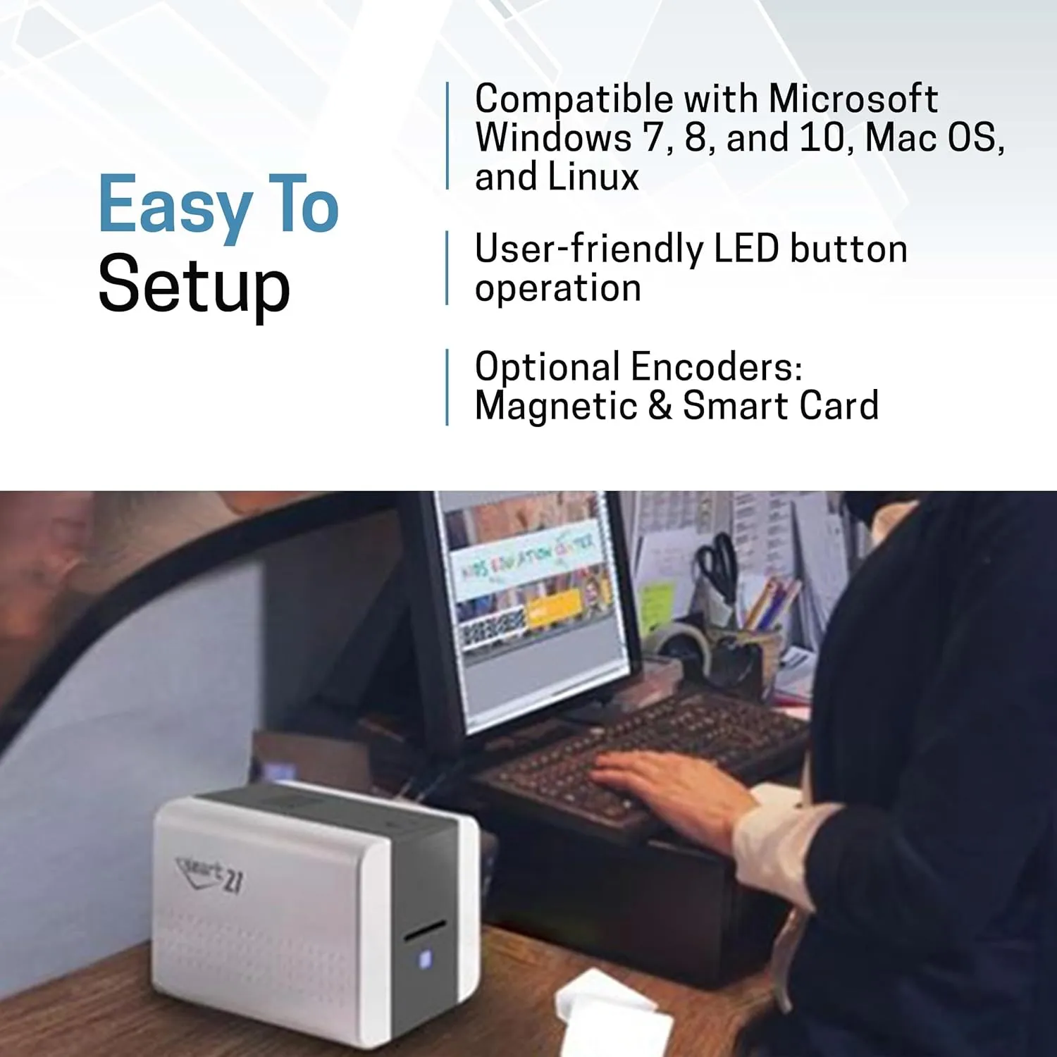 IDP SMART-21S ID Card Simplex Printer Kit with PC Only Software, 100 Print YMCKO Color Ribbon, and 100 PVC Plastic Cards