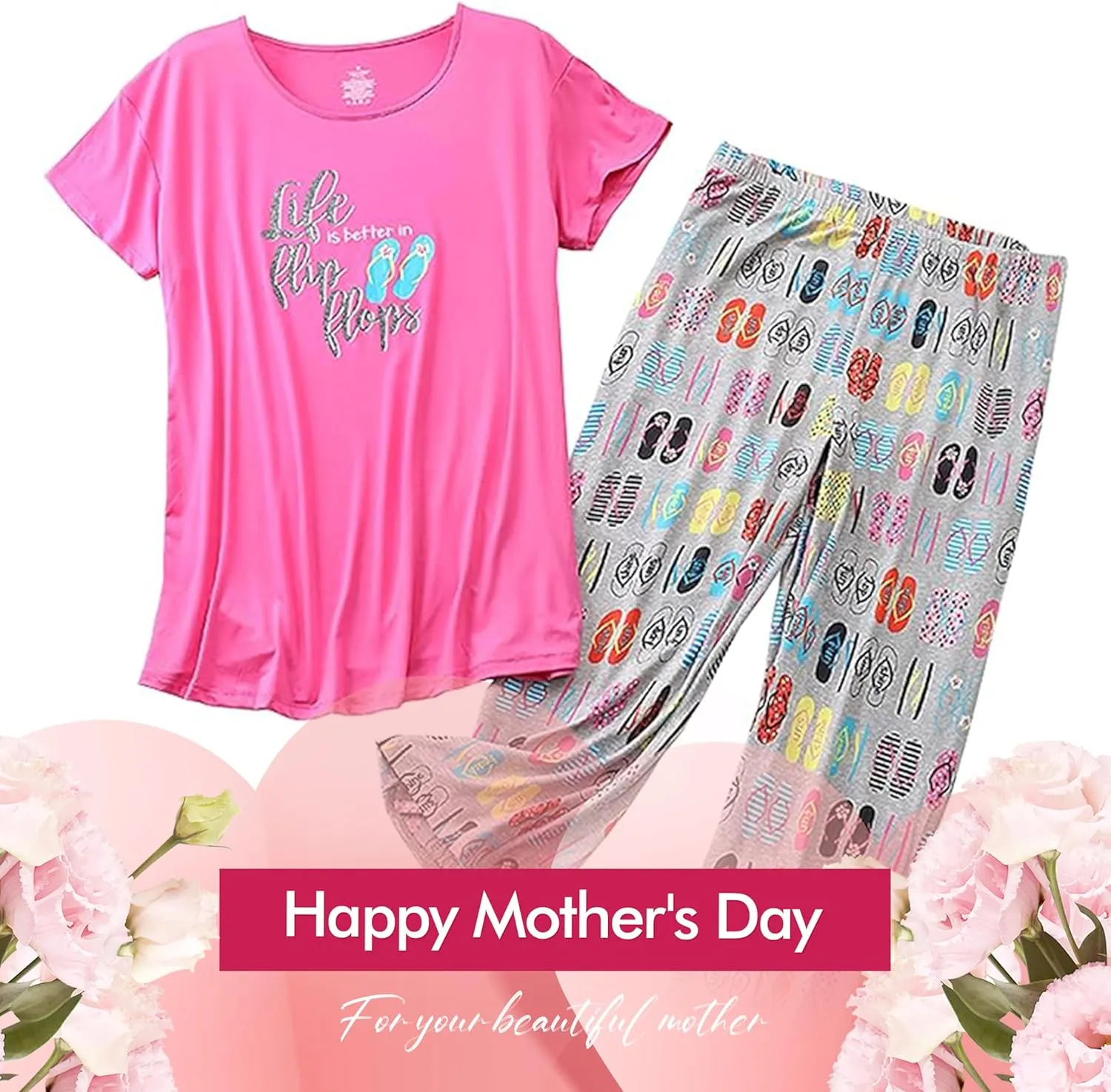 Inadays Womens Cotton Pajama Sets Short Sleeve Top With Capri Pants 2 piece sets for Women Summer Pajamas Lounge Set