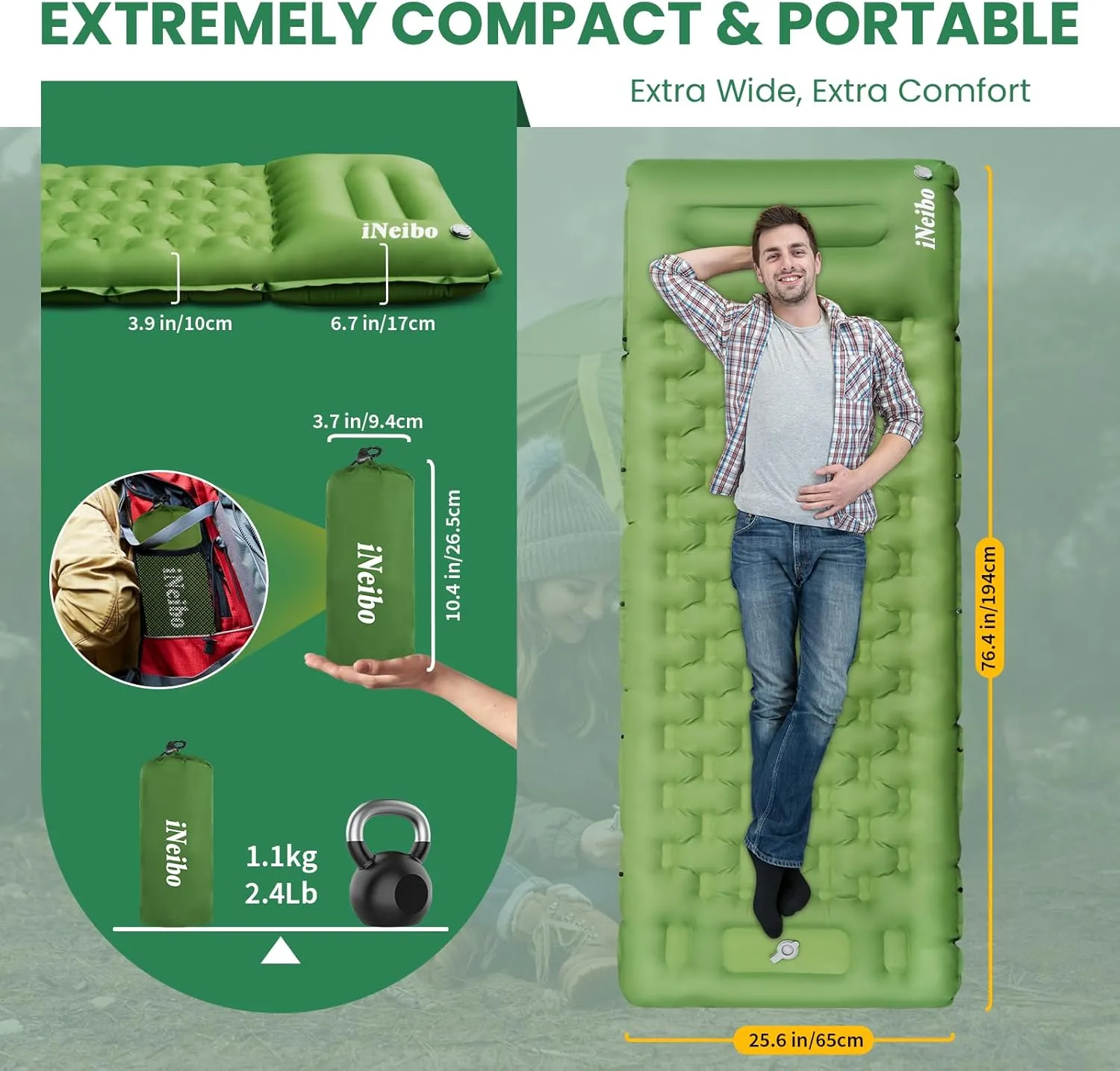 iNeibo Camping Sleeping Pad, Ultralight Inflating Mattress With Pillow & Foot Pump, Ultra-Thick Enhanced Support for Hiking, Backpacking, Tent, Car Traveling